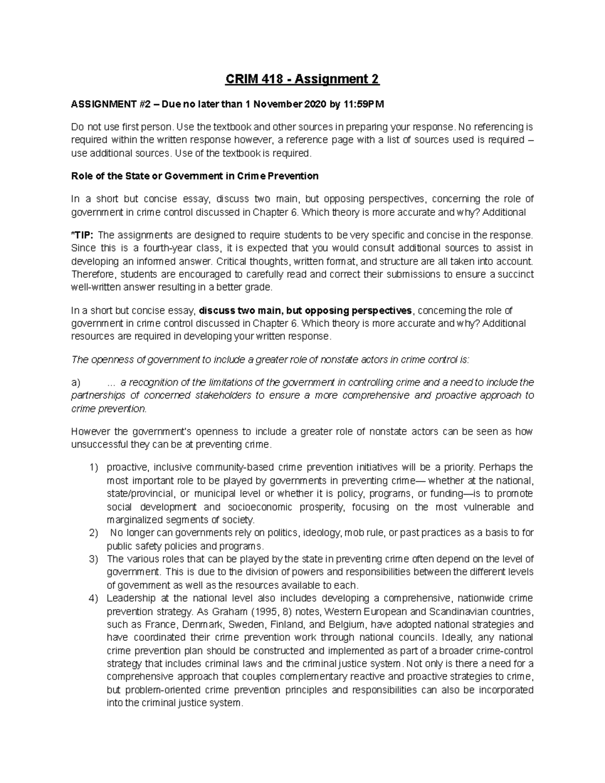 Assignment 2 - CRIM 418: Government's Role in Crime Prevention Debate ...
