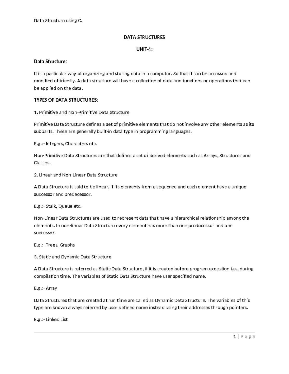 Data structure unit 1 - DATA STRUCTURES UNIT-1: Data Structure: It is a ...
