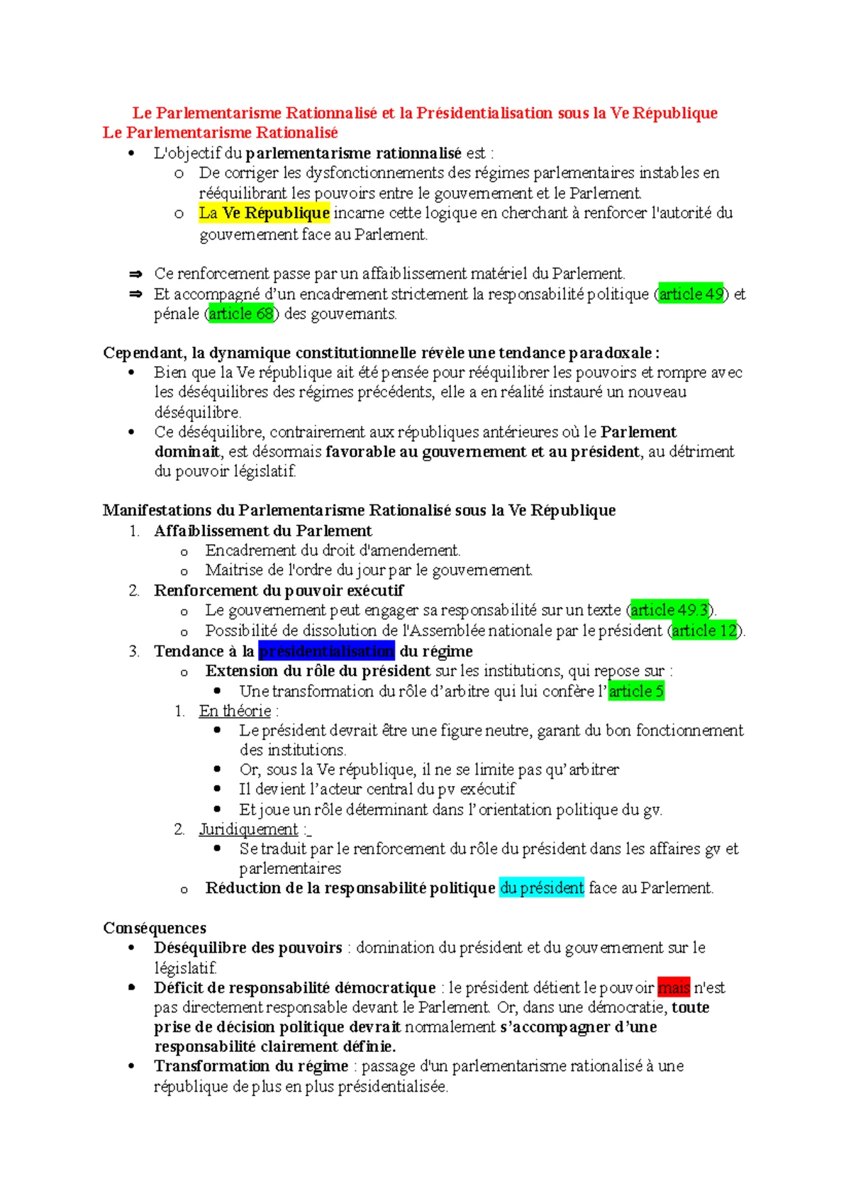 Fiche de Révision Chapitre nº2 : Le Rôle du Parlement sous la Ve ...