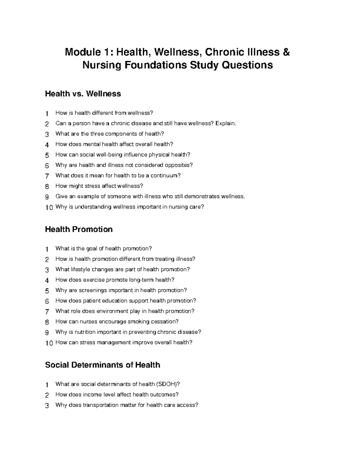 Module 1: Health & Wellness Nursing Foundations Study Questions - Studocu