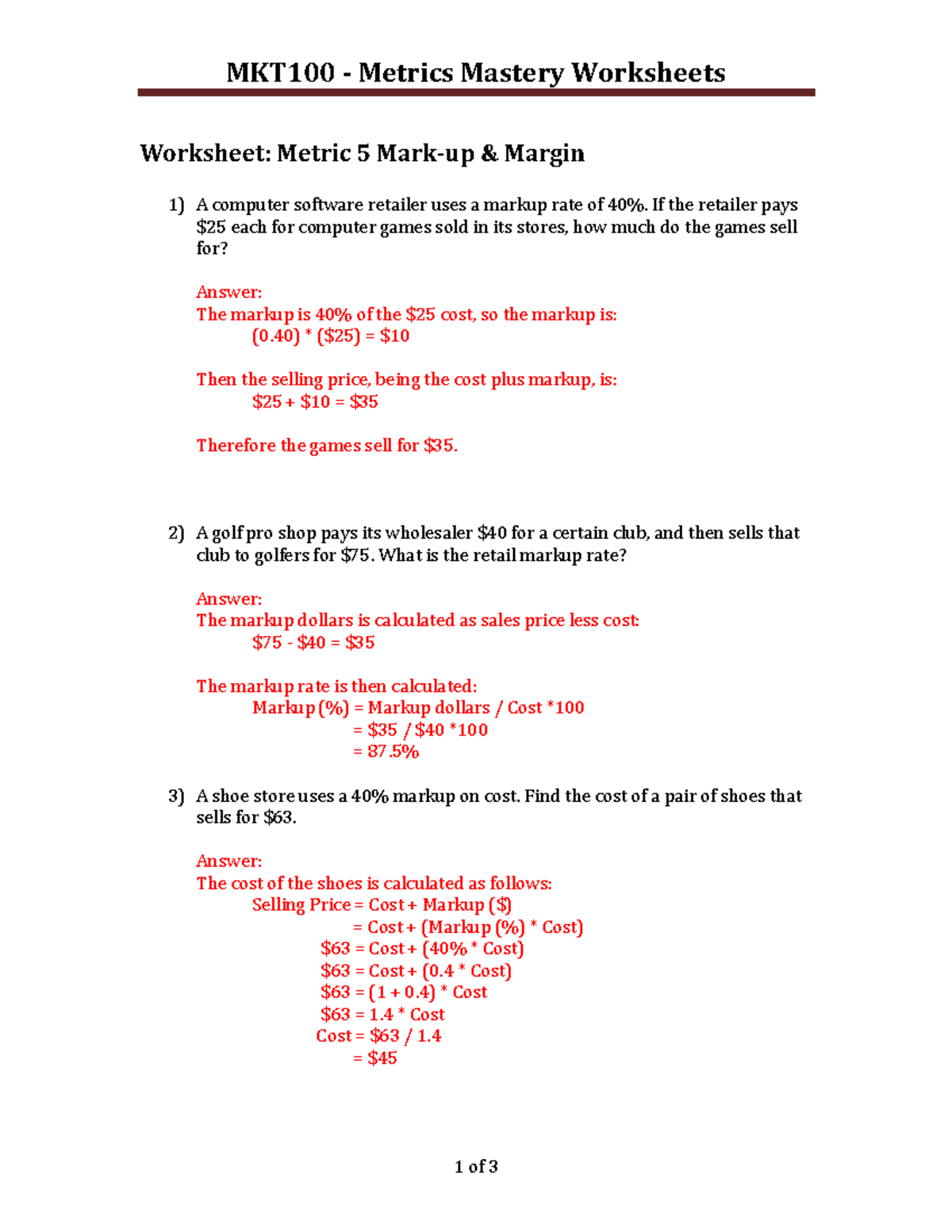 MKT100 Metrics Mastery Worksheets: Understanding Markup & Margin - Studocu