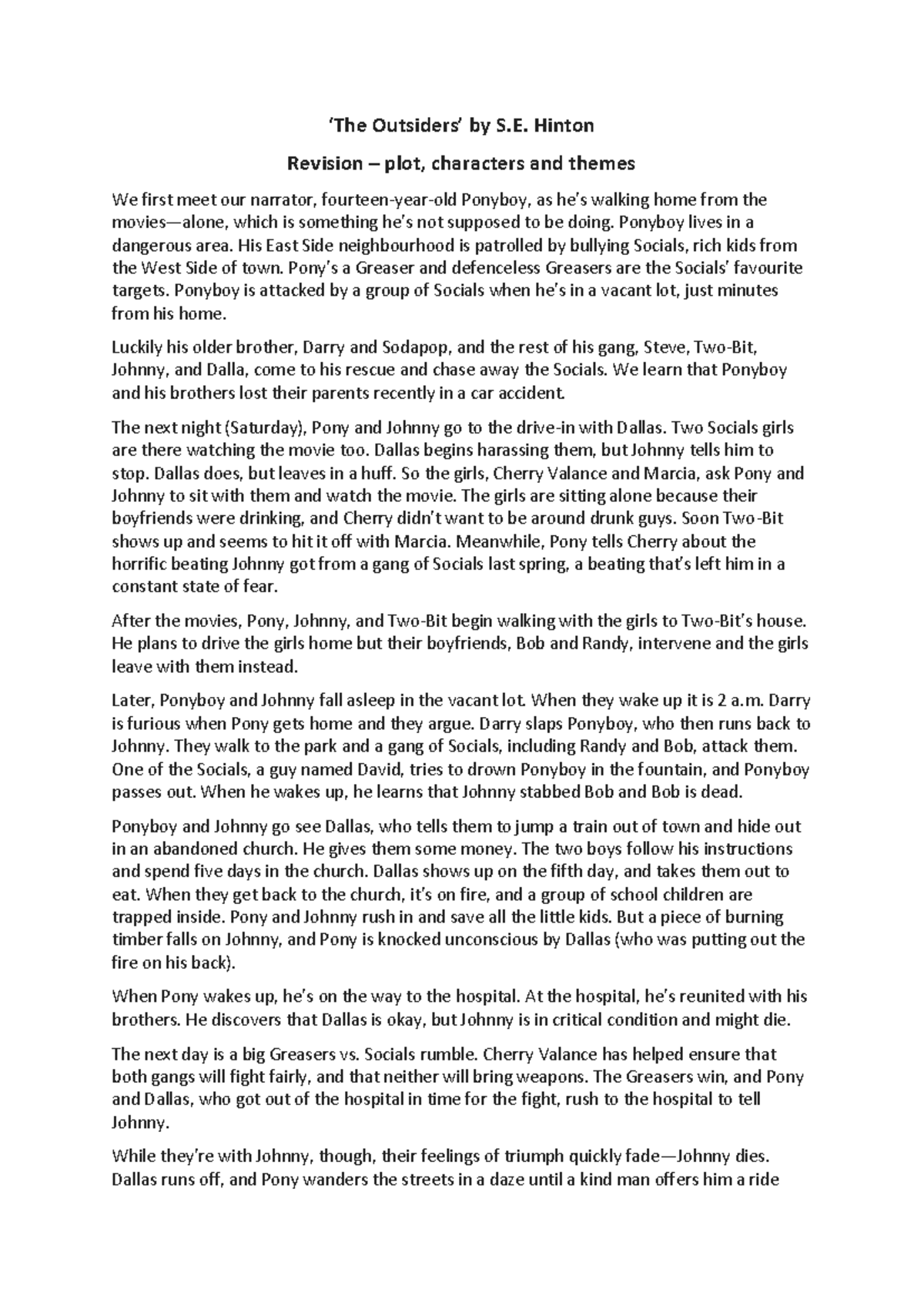 The Outsiders (ENG 101) Themes, Characters, and Plot Analysis - Studocu