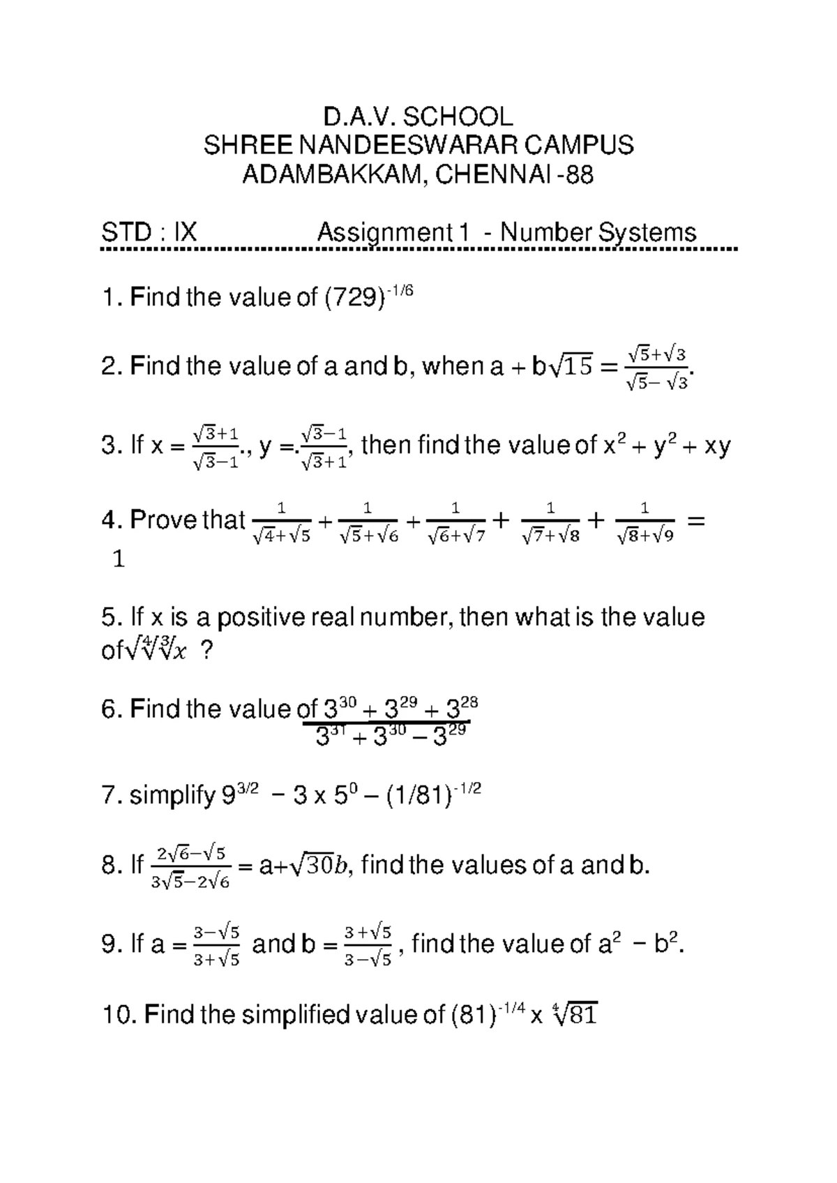 Number System Practice Sheet 01: Sprint Series for Class 9th - Studocu