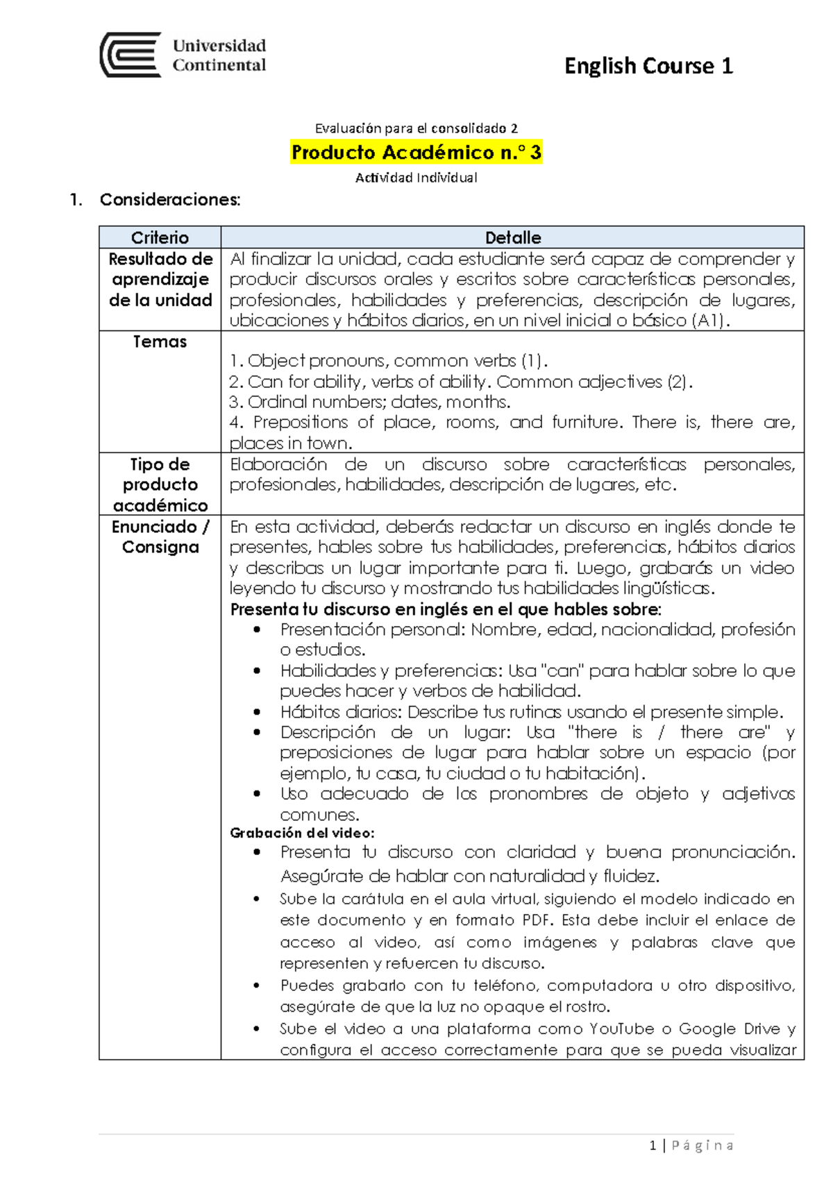 English Course 1: Actividad Individual 1 - Discurso y Video A1 - Studocu