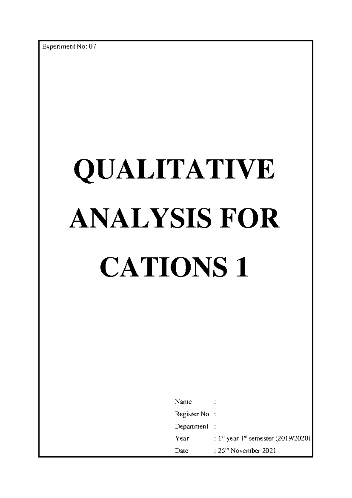 Qualitative analysis for cations 04 - Experiment NO: 10 ANALYSIS OF ...