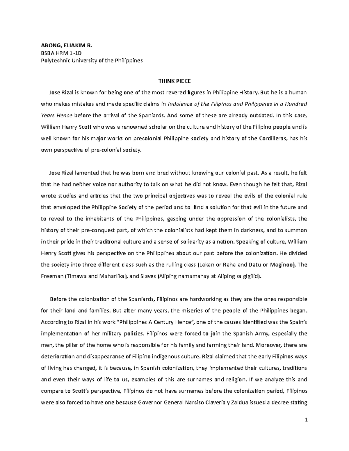 Think Piece 1 Essay - ABONG, ELIAKIM R. BSBA HRM 1-1D Polytechnic ...