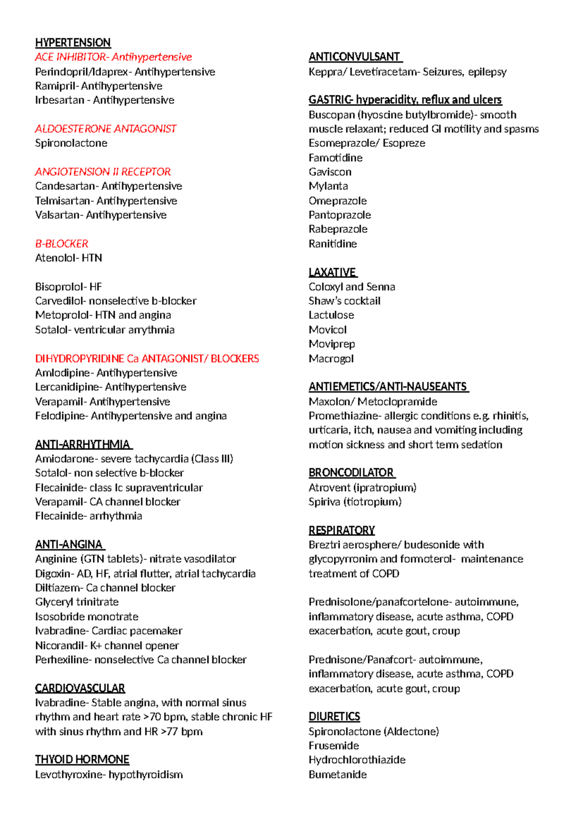 Medications for CPD Nursing (NURS 301) - Comprehensive List - Studocu