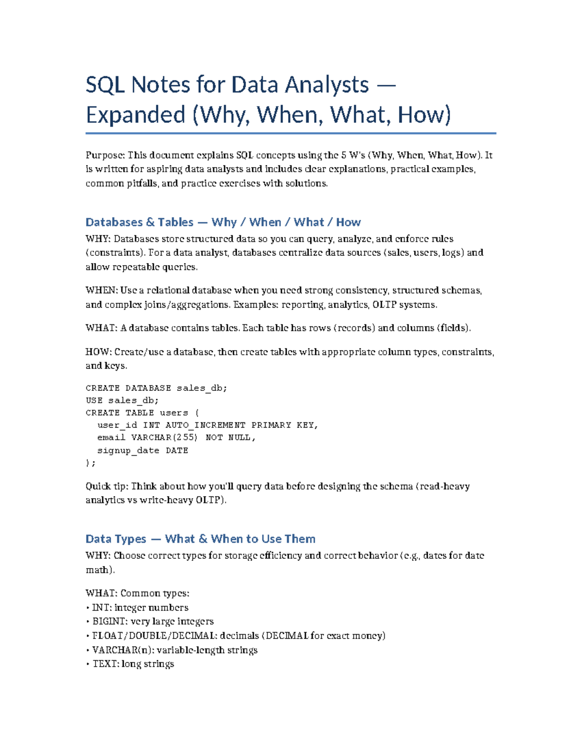 SQL Notes for Data Analysts: Concepts, Examples, and Tips - Studocu