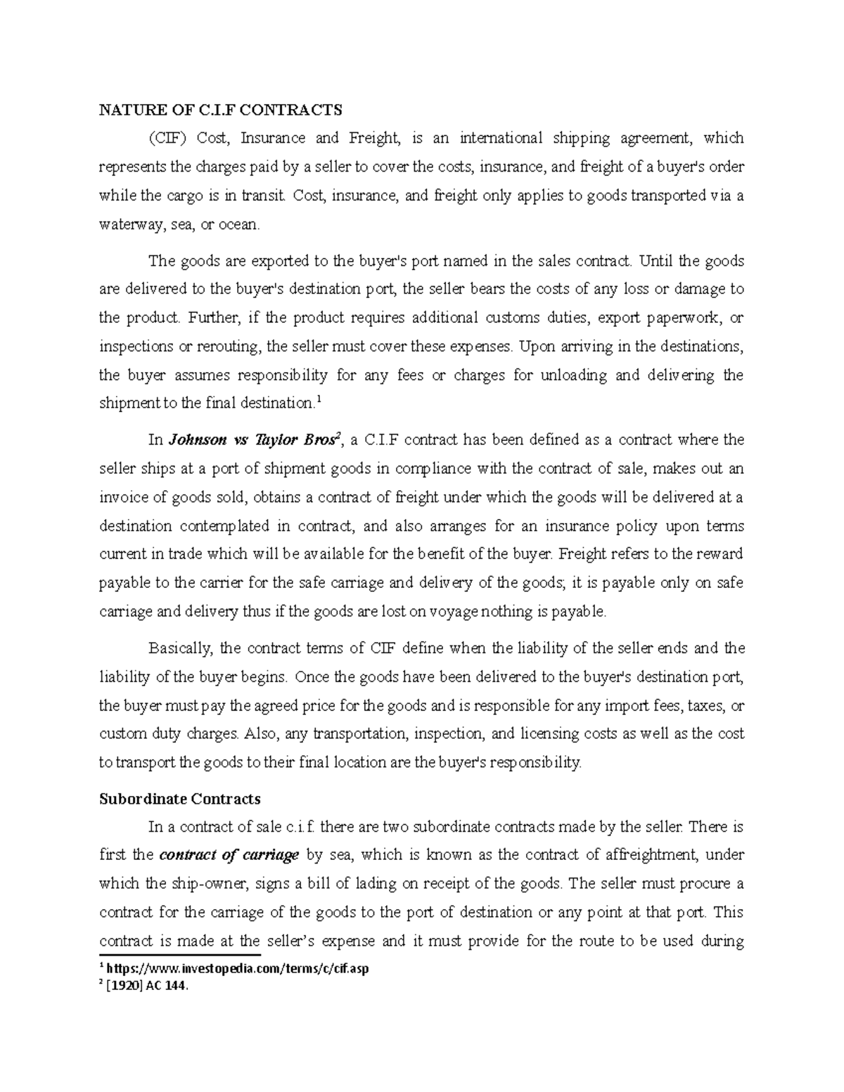 CIF Contracts Overview: Key Concepts and Legal Implications - Studocu