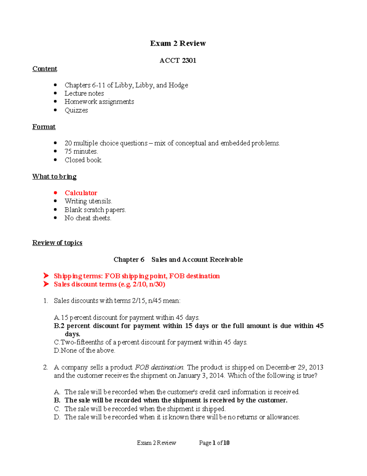 ACCT 2301 Exam 2 Review: Key Topics and Practice Questions - Studocu