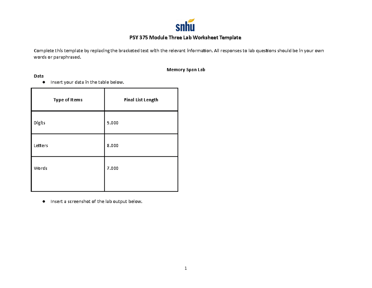 PSY 375 Module Three Memory Span & Mental Rotation Lab Worksheet - Studocu