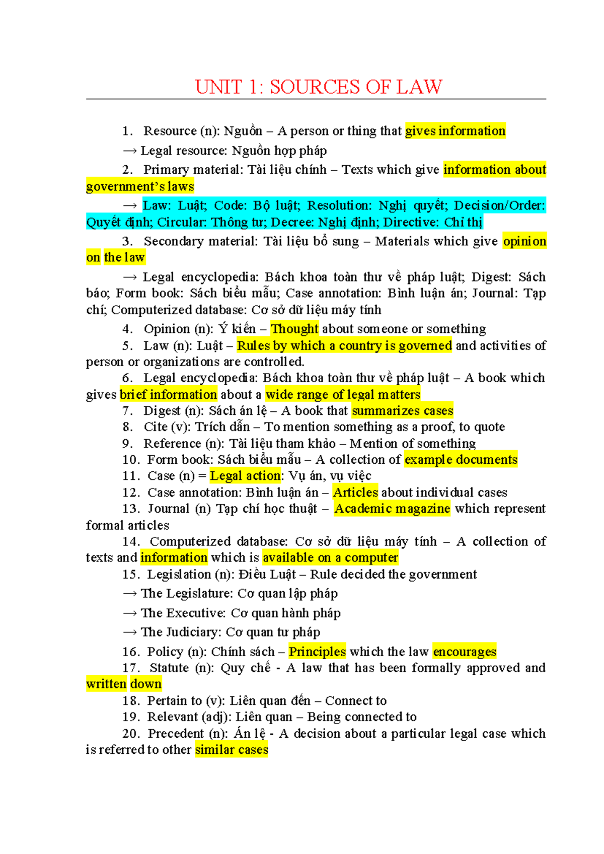 UNIT 1: SOURCES OF LAW - Key Concepts and Legal Terminology - Studocu