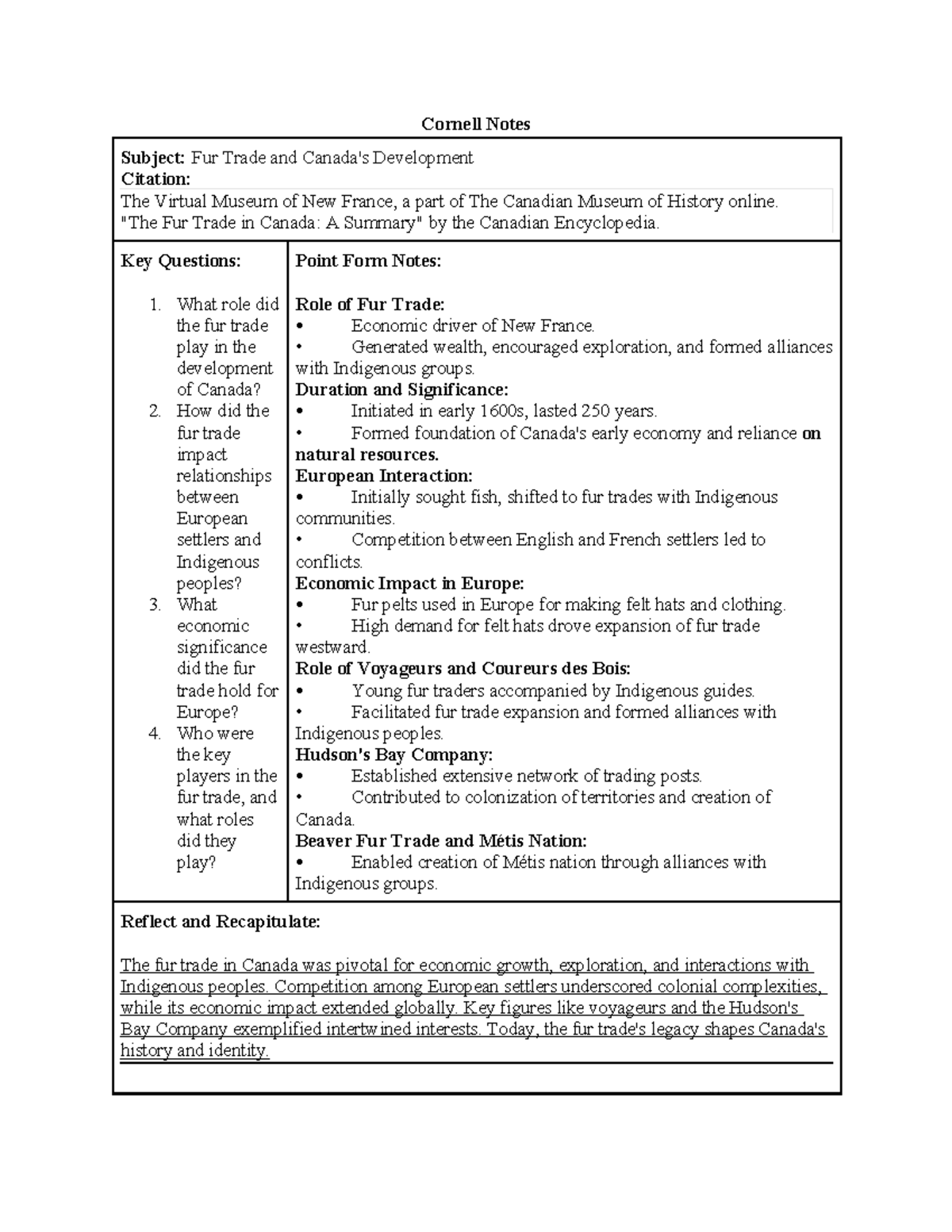 Cornell Notes: Fur Trade & Development in Canada - Key Insights - Studocu