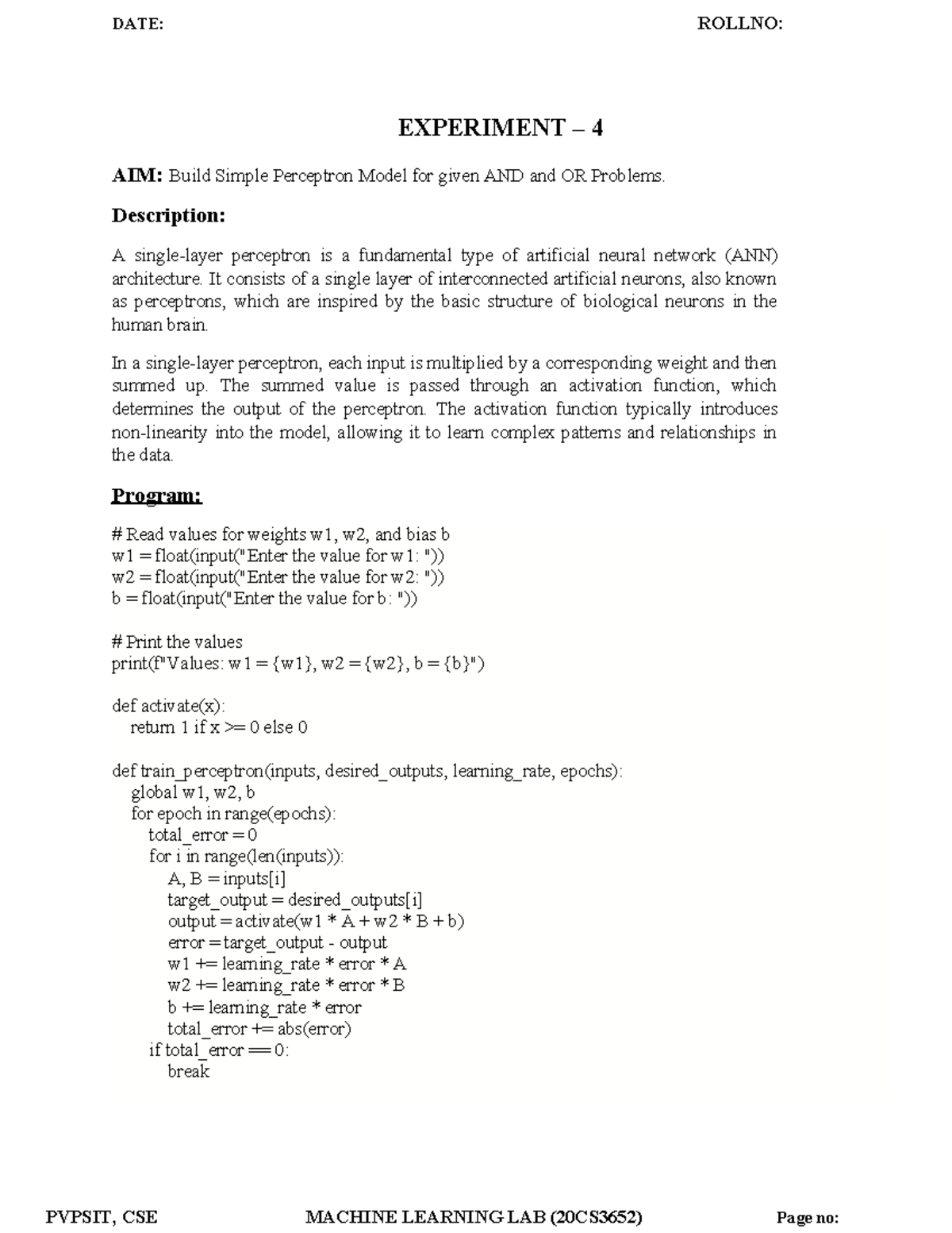PVPSIT, CSE MACHINE LEARNING LAB (20CS3652) - Week 4 Perceptron ...