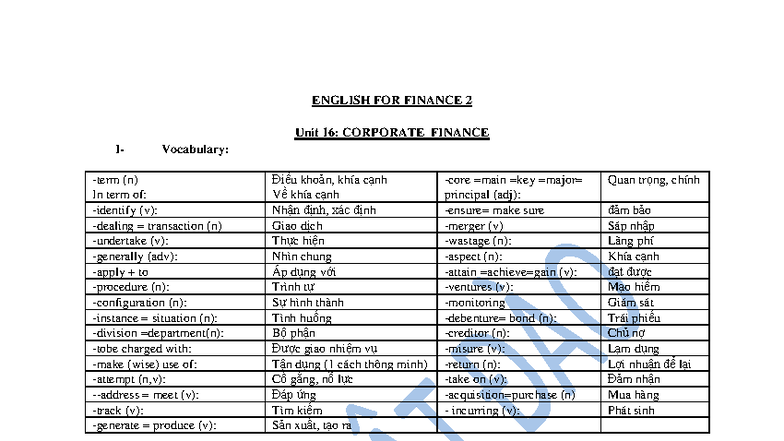 TACN2: Corporate Finance Vocabulary and Key Concepts - Studocu