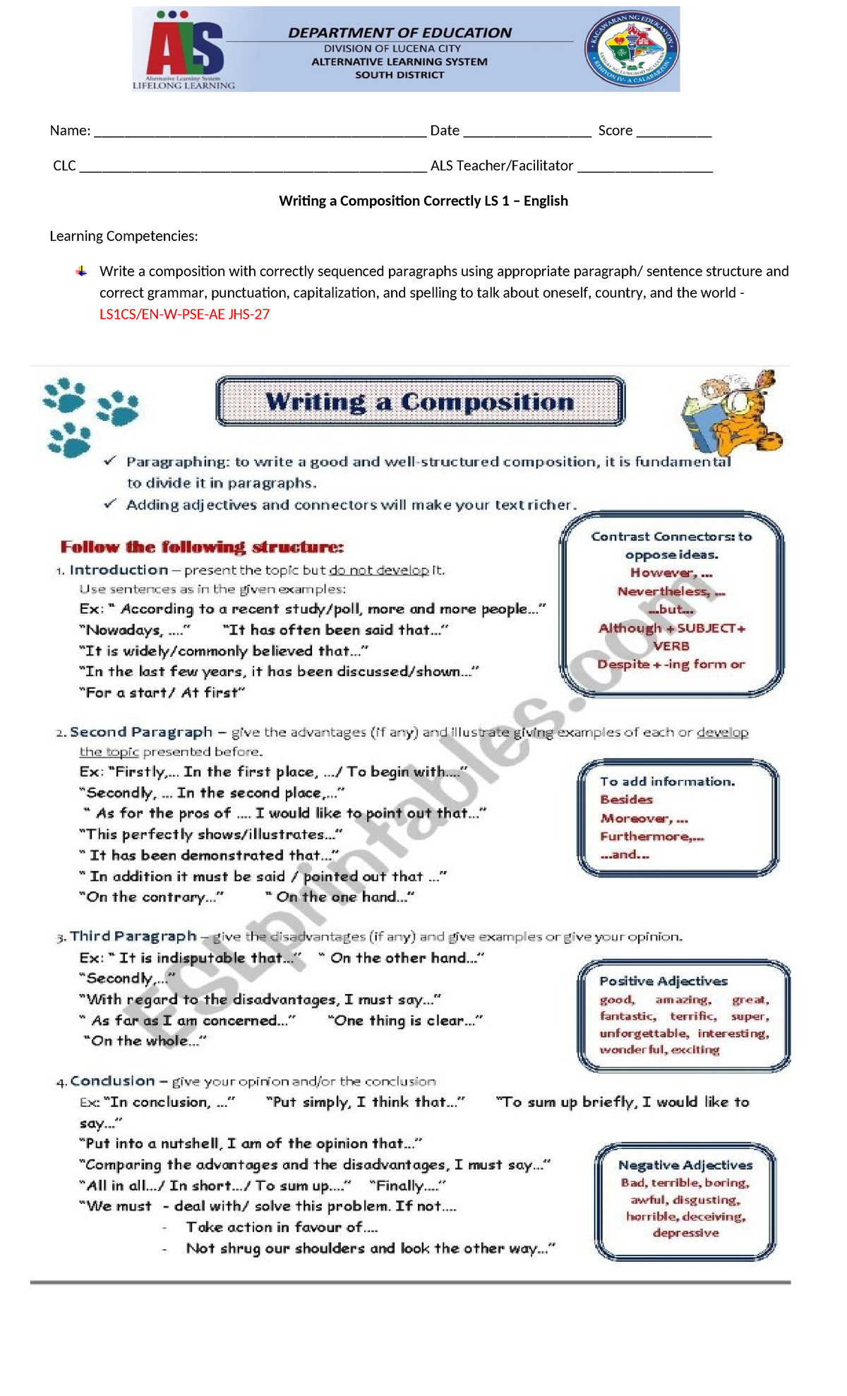 LS 1 - English Composition Writing Activity: Personal Introduction ...