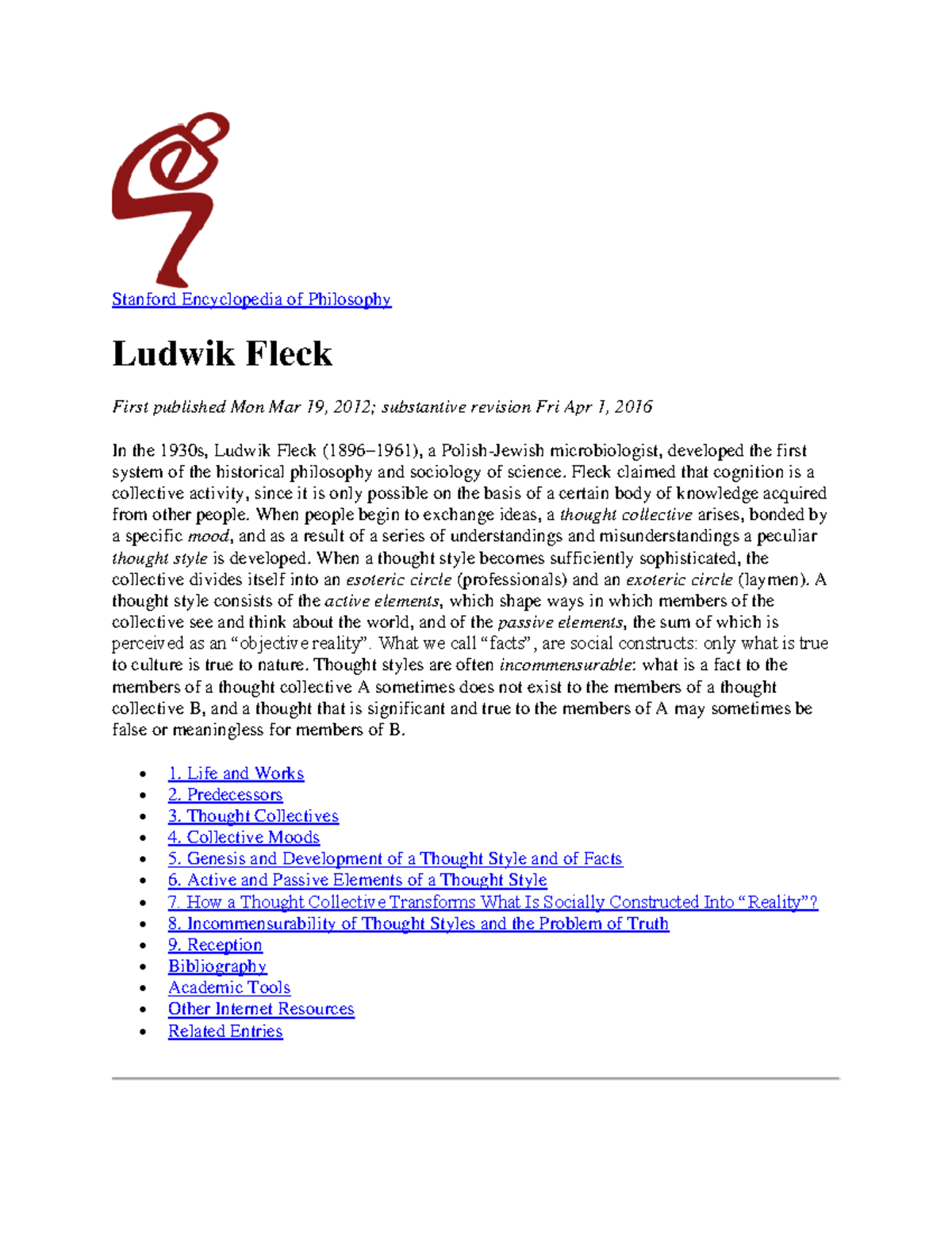 Ludwik Fleck: Thought Styles and Collectives in Science - SEP - Studocu