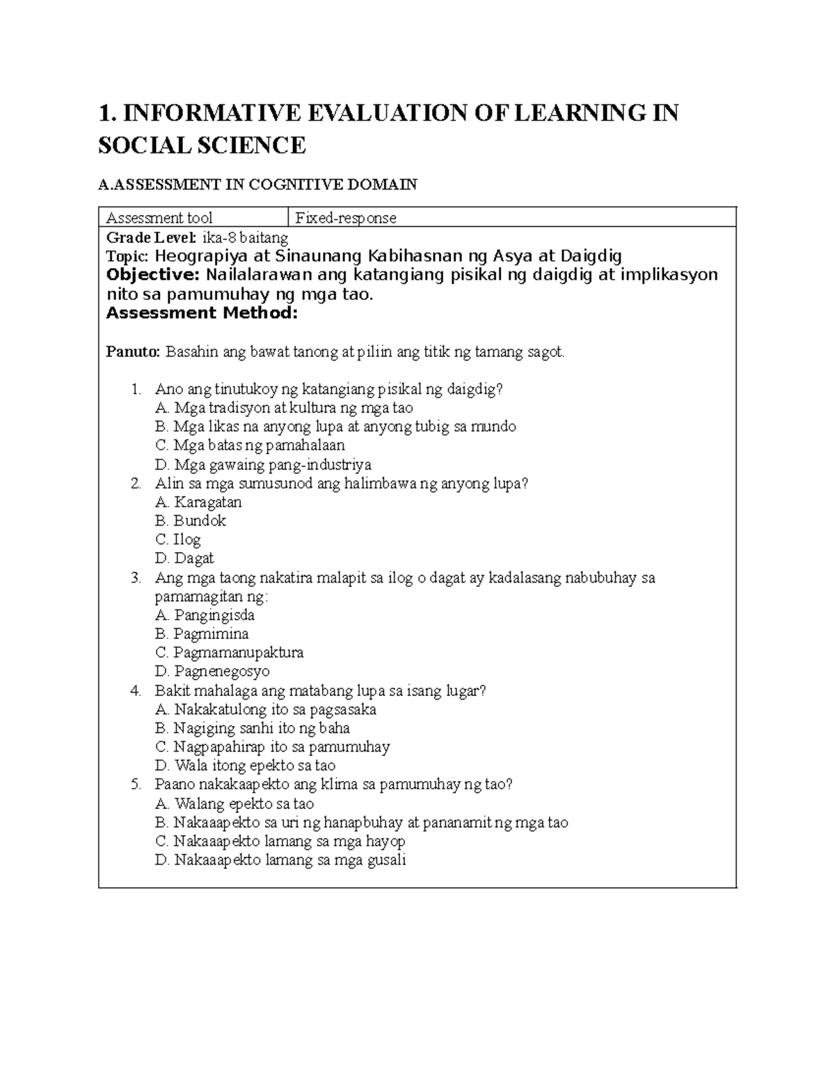Assessment Tools For Heograpiya At Sinaunang Kabihasnan Ng Asya Grade