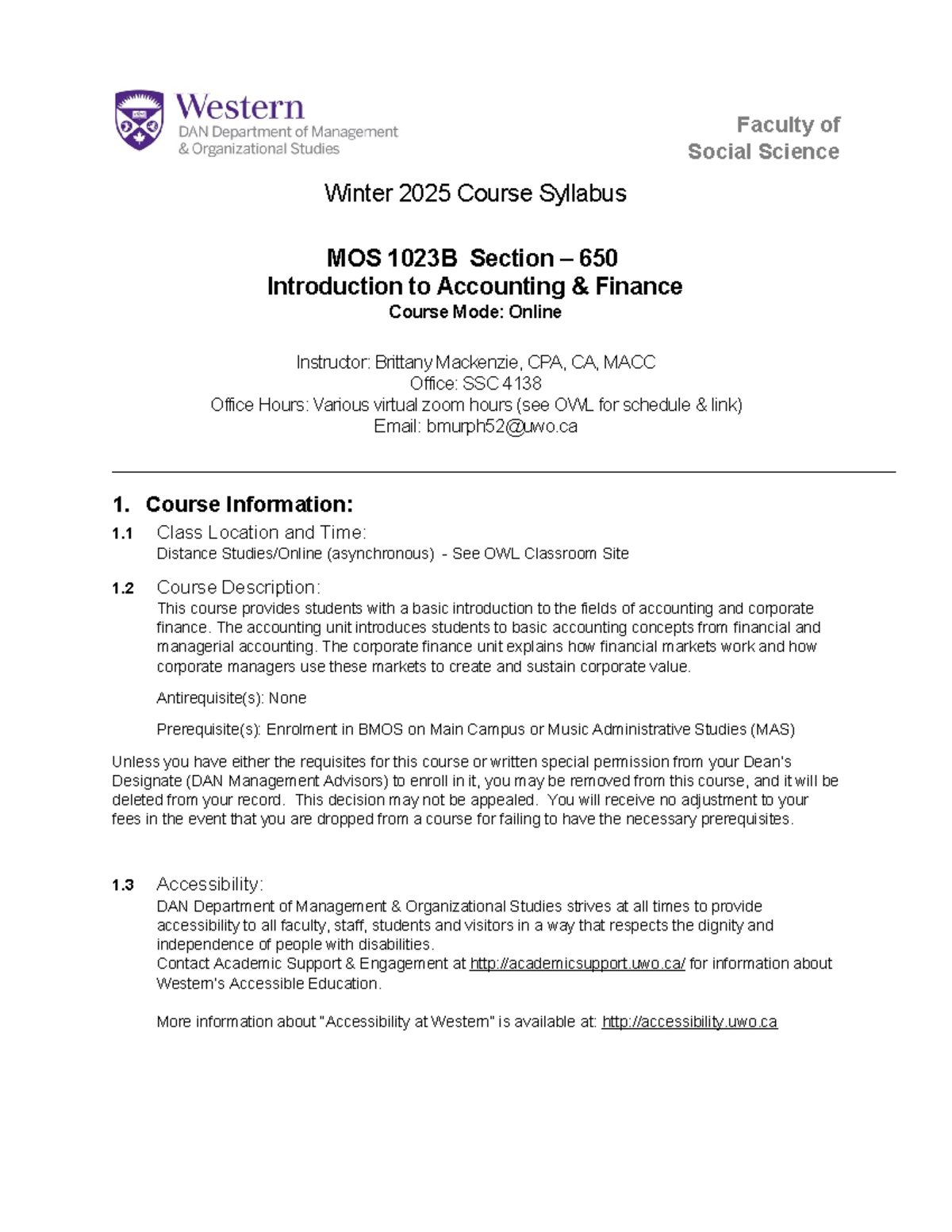 Syllabus for MOS 1023B Section 650: Intro to Accounting & Finance ...