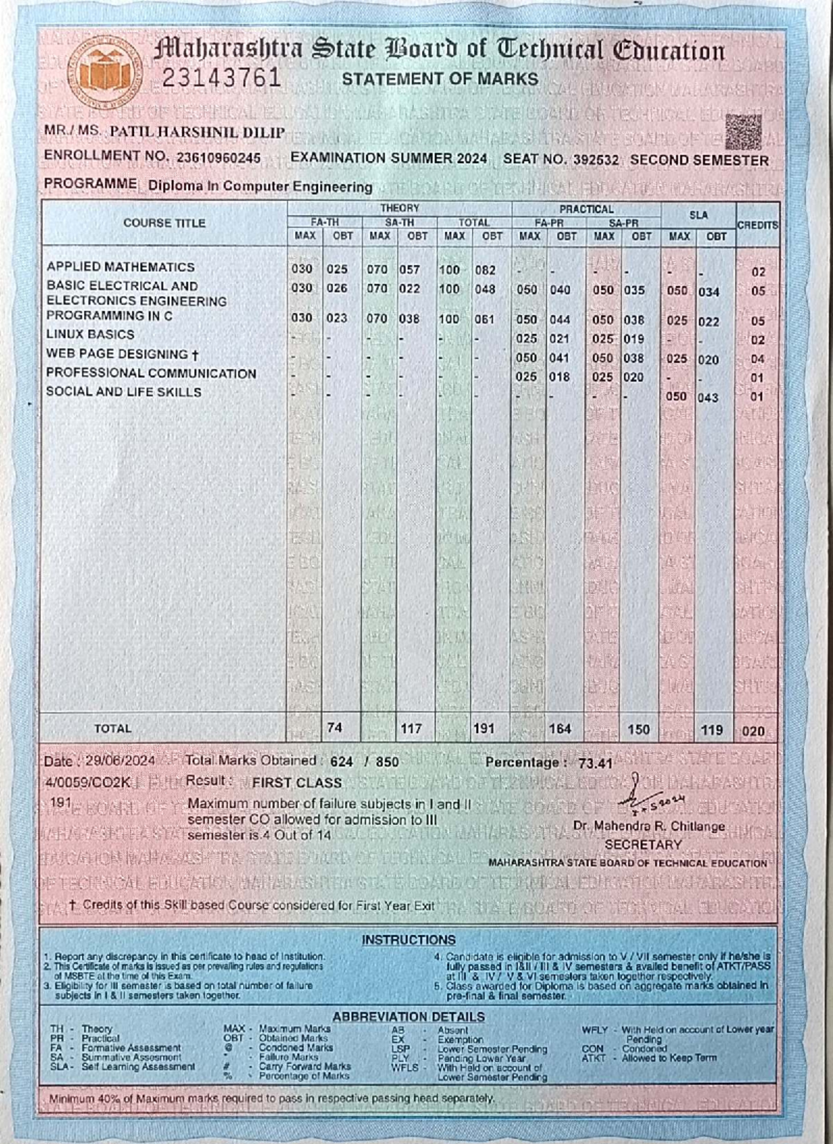 FY Summer Marksheet - Diploma in Computer Engineering (MSBTE) - Studocu