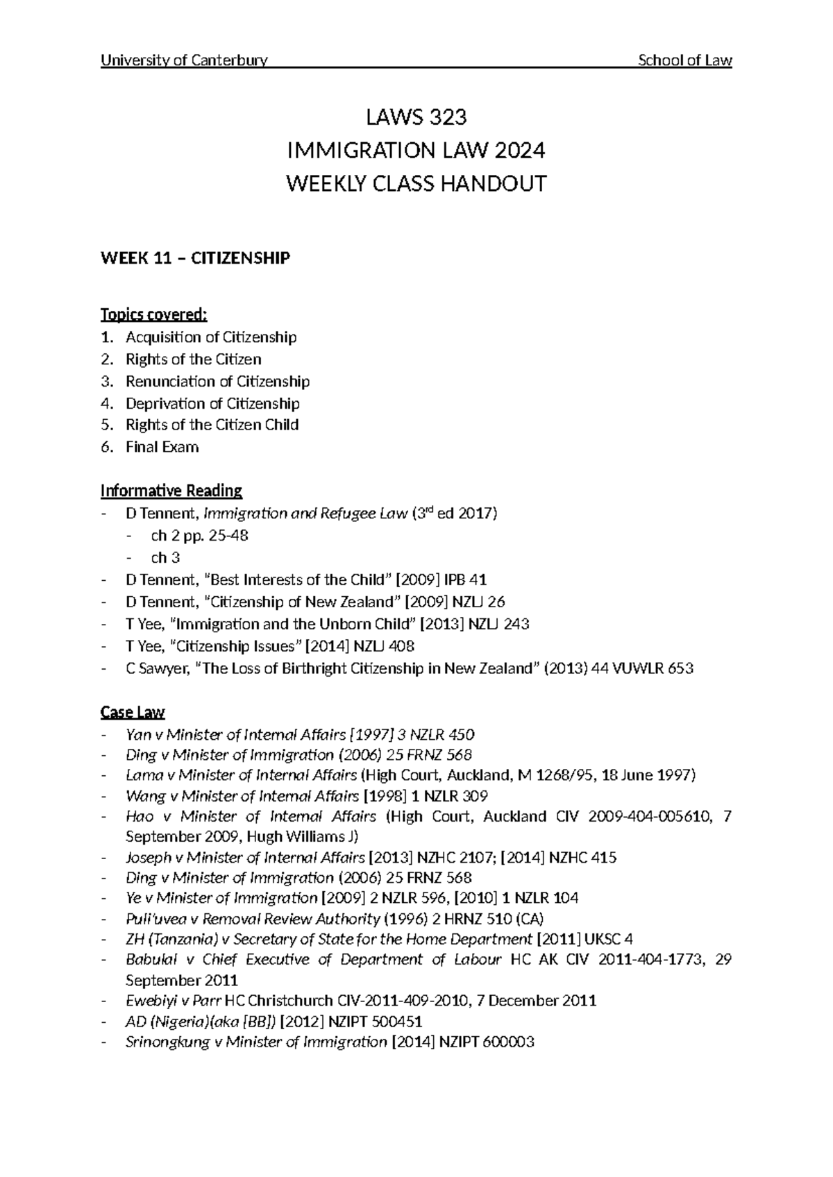LAWS 323 Immigration Law Weekly Handout Week 11 - Citizenship 2024 ...