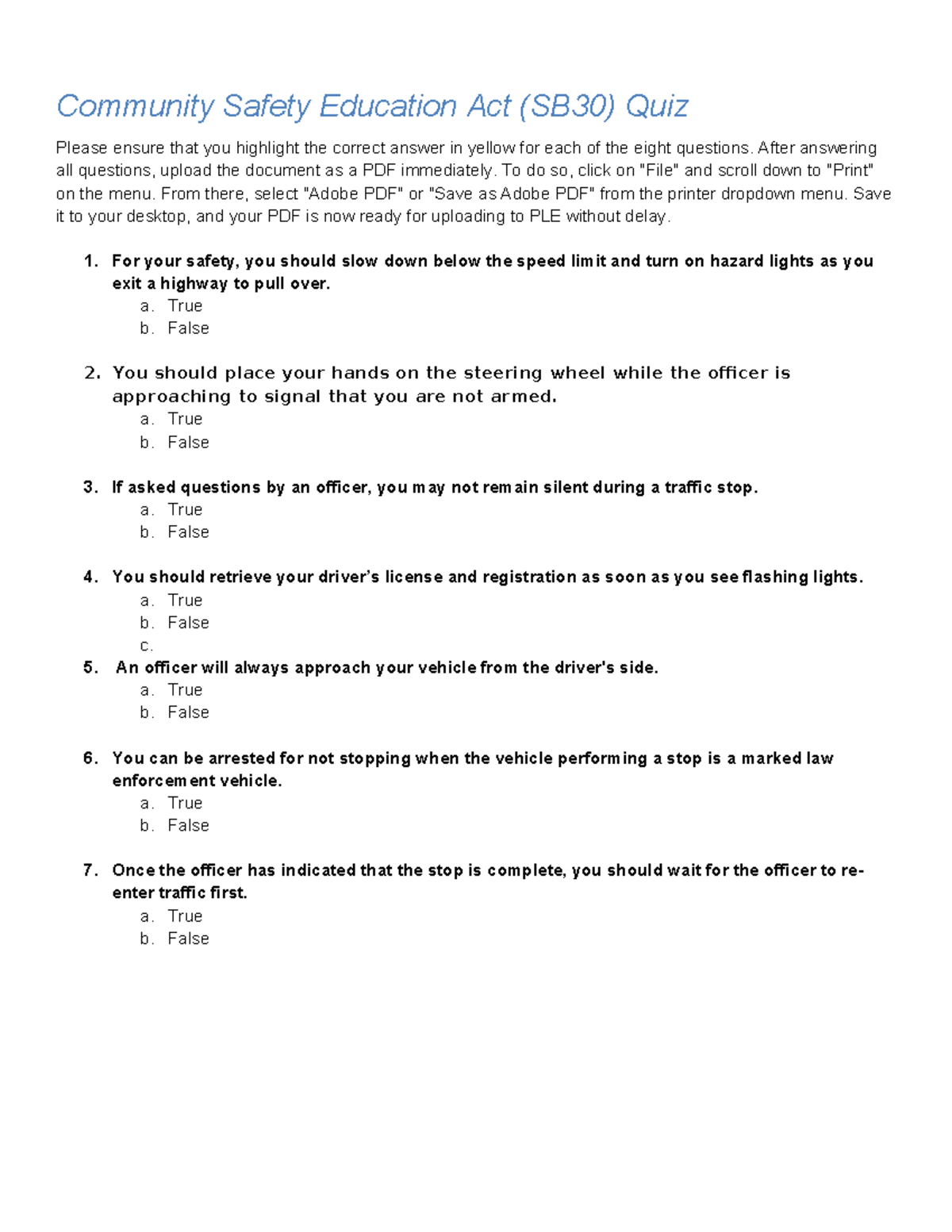 SB30 Community Safety Education Act Quiz - Answer Key Instructions ...