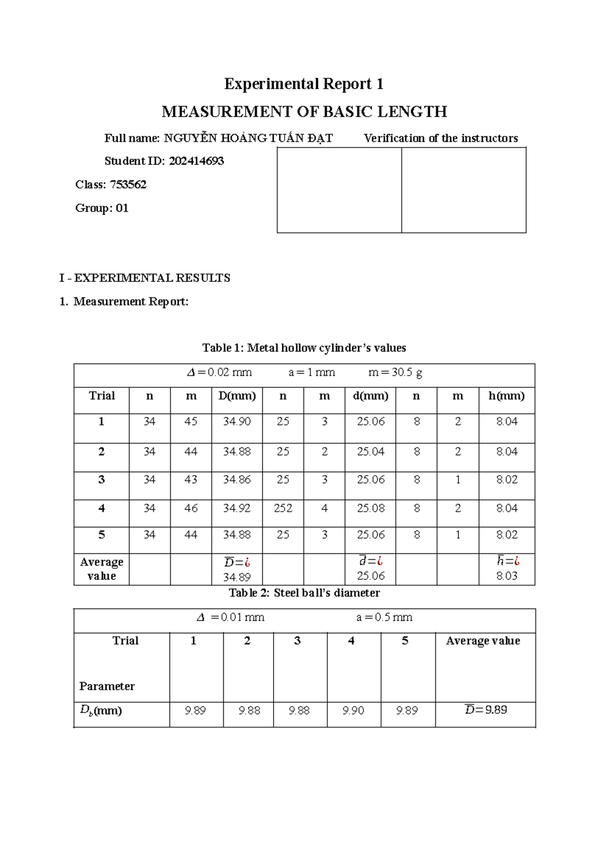 Experimental Report 1: Measurement of Basic Length (753562) - Studocu