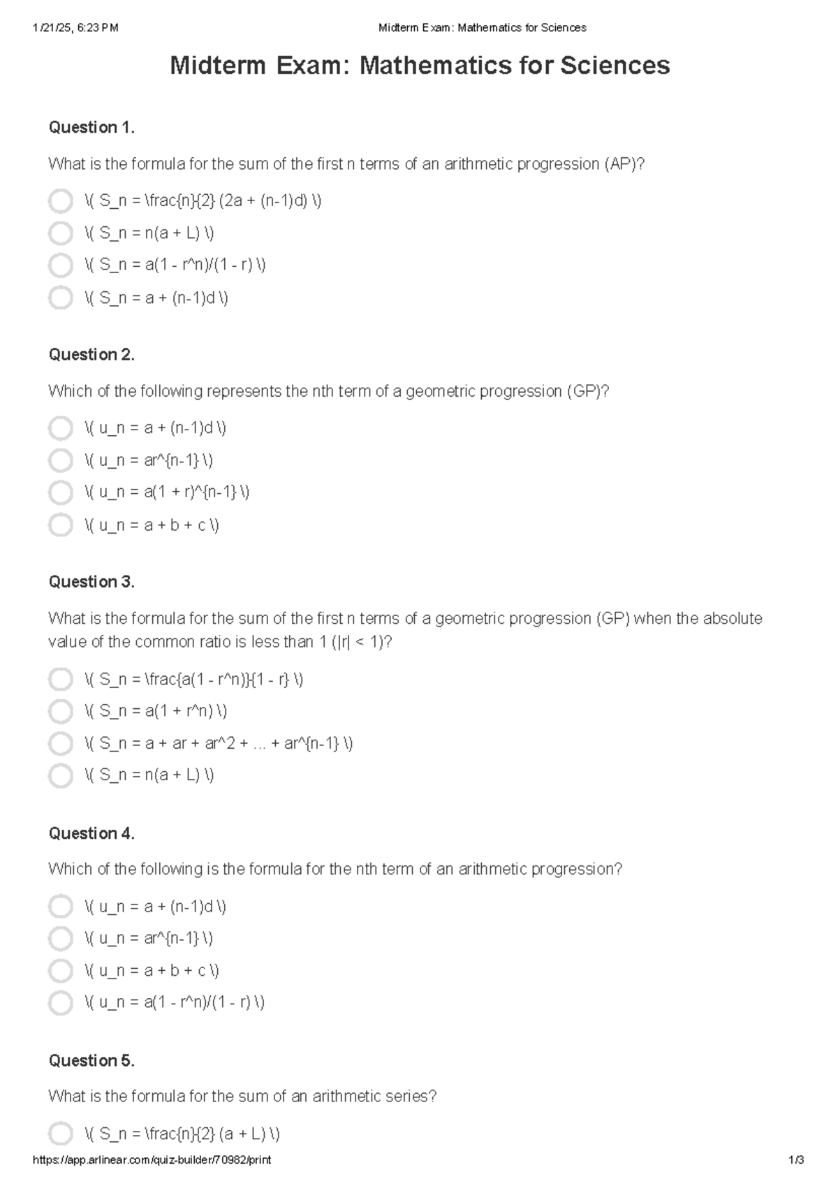 Midterm Exam Mathematics for Sciences: AP & GP Formulas and Concepts ...
