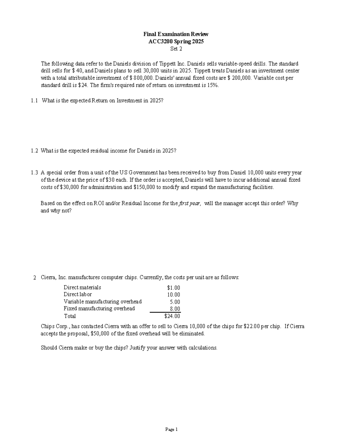 Final Exam Review ACC3200 Spring 2025 Practice Set 2 - Studocu