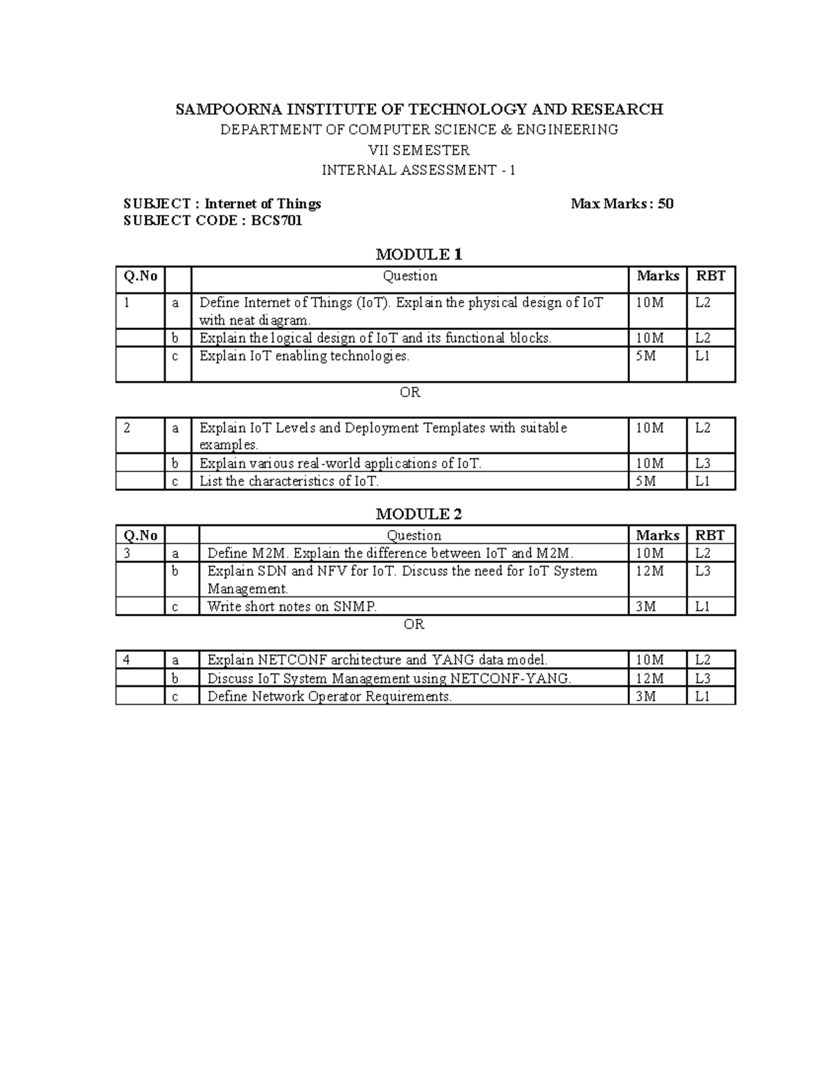 BCS701 IoT VII Sem Internal Assessment 1 - Question Paper - Studocu