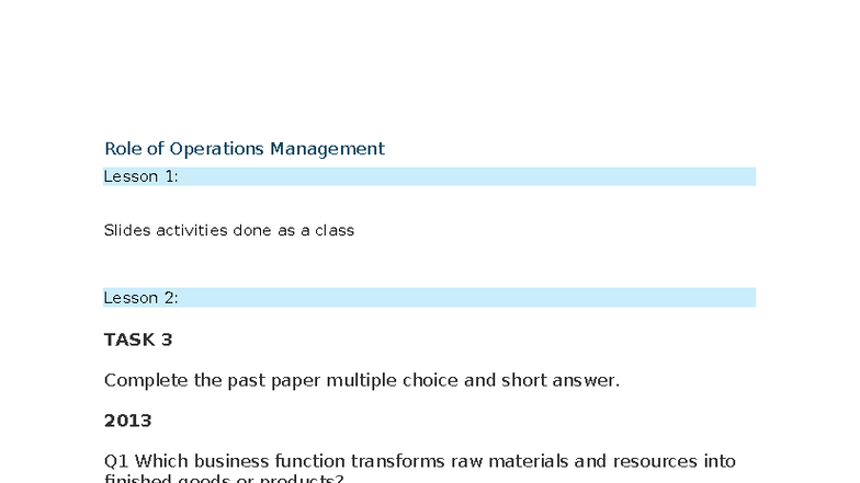 Operations Management Lesson 1 & 2: Class Activities and Past Paper Qs ...