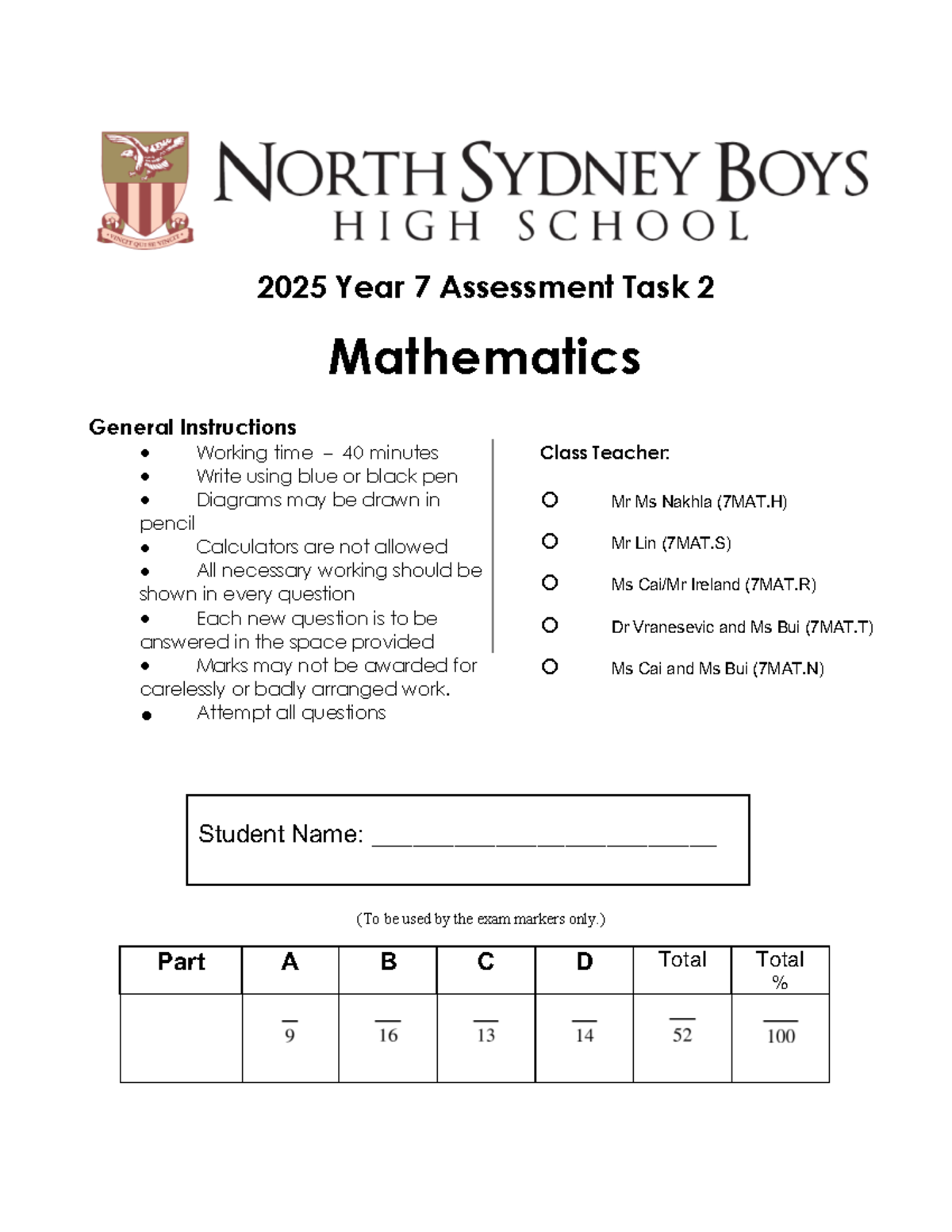 2025 Year 7 Mathematics Assessment Task 2 Instructions and Questions ...