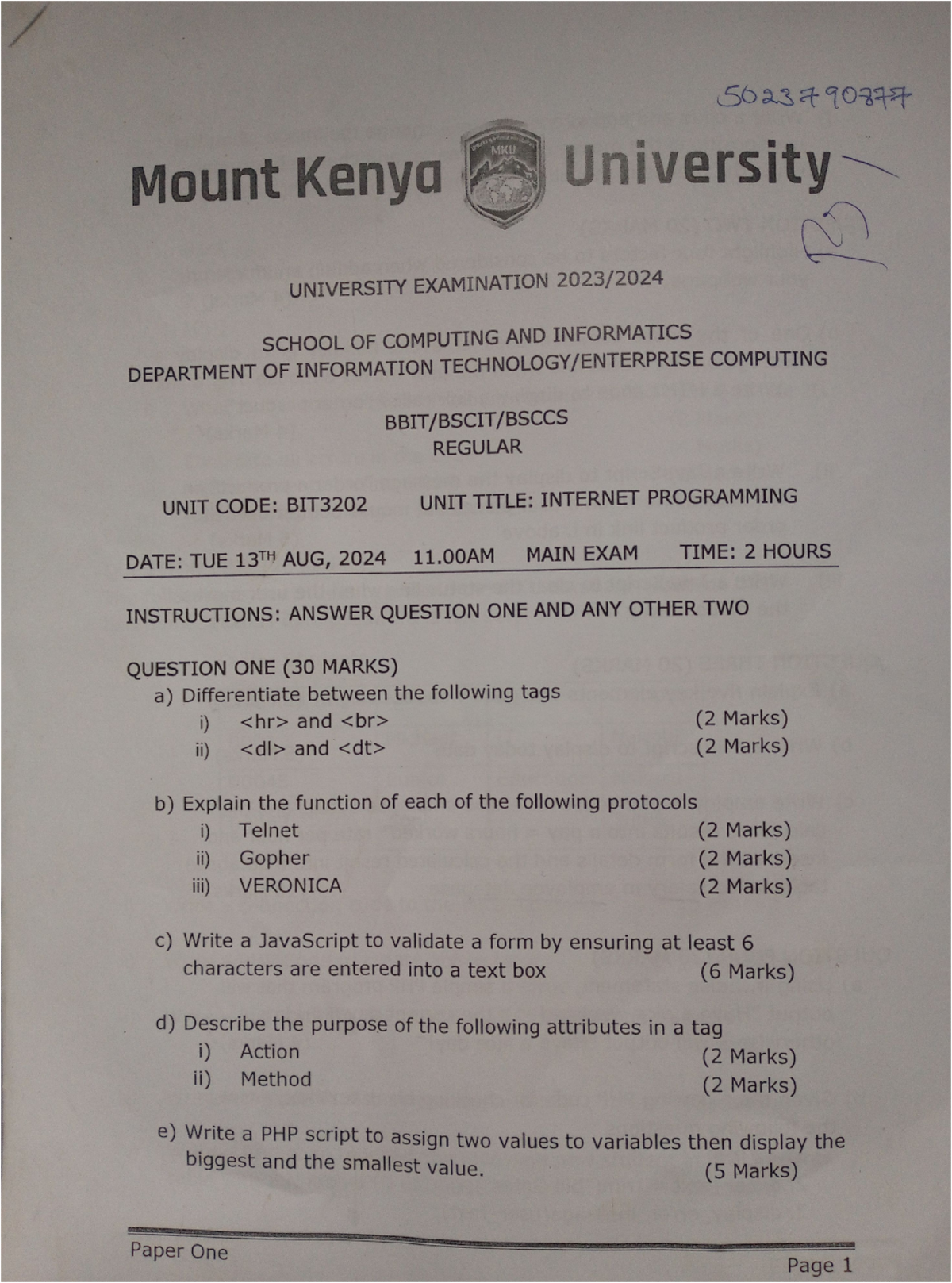 BIT3202 Internet Programming Past Exam Paper - MKU 2024 - Studocu