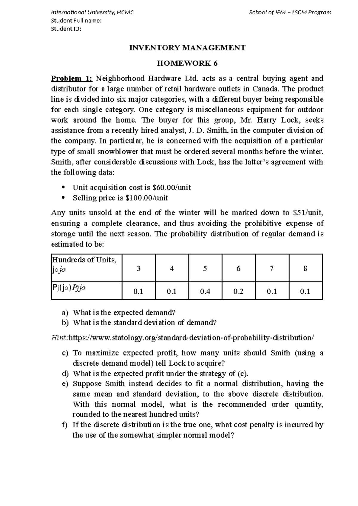 Inventory Management HW6 - Demand Analysis & Profit Maximization - Studocu