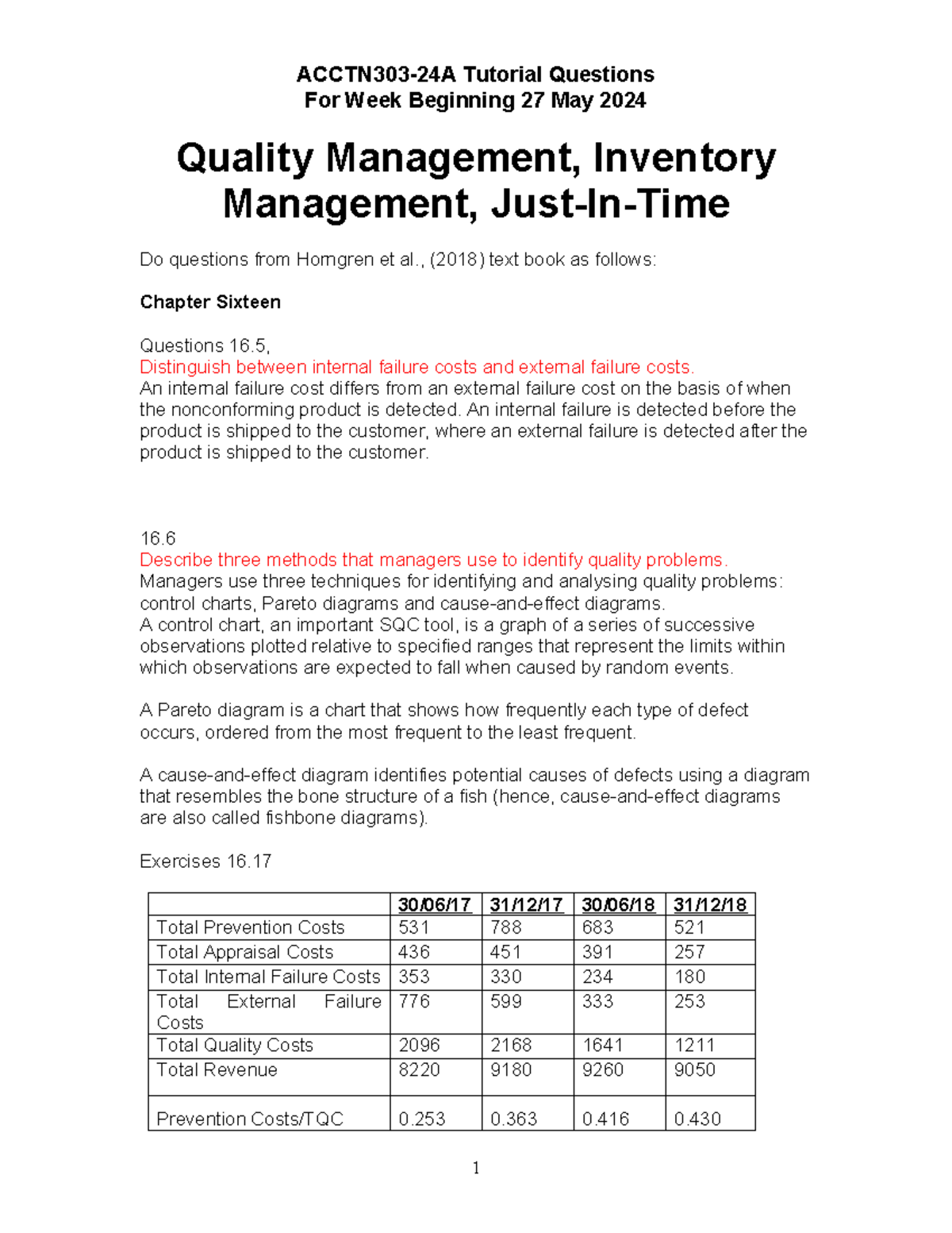 Wk14 Tutorial Questions: Quality & Inventory Management Insights - Studocu
