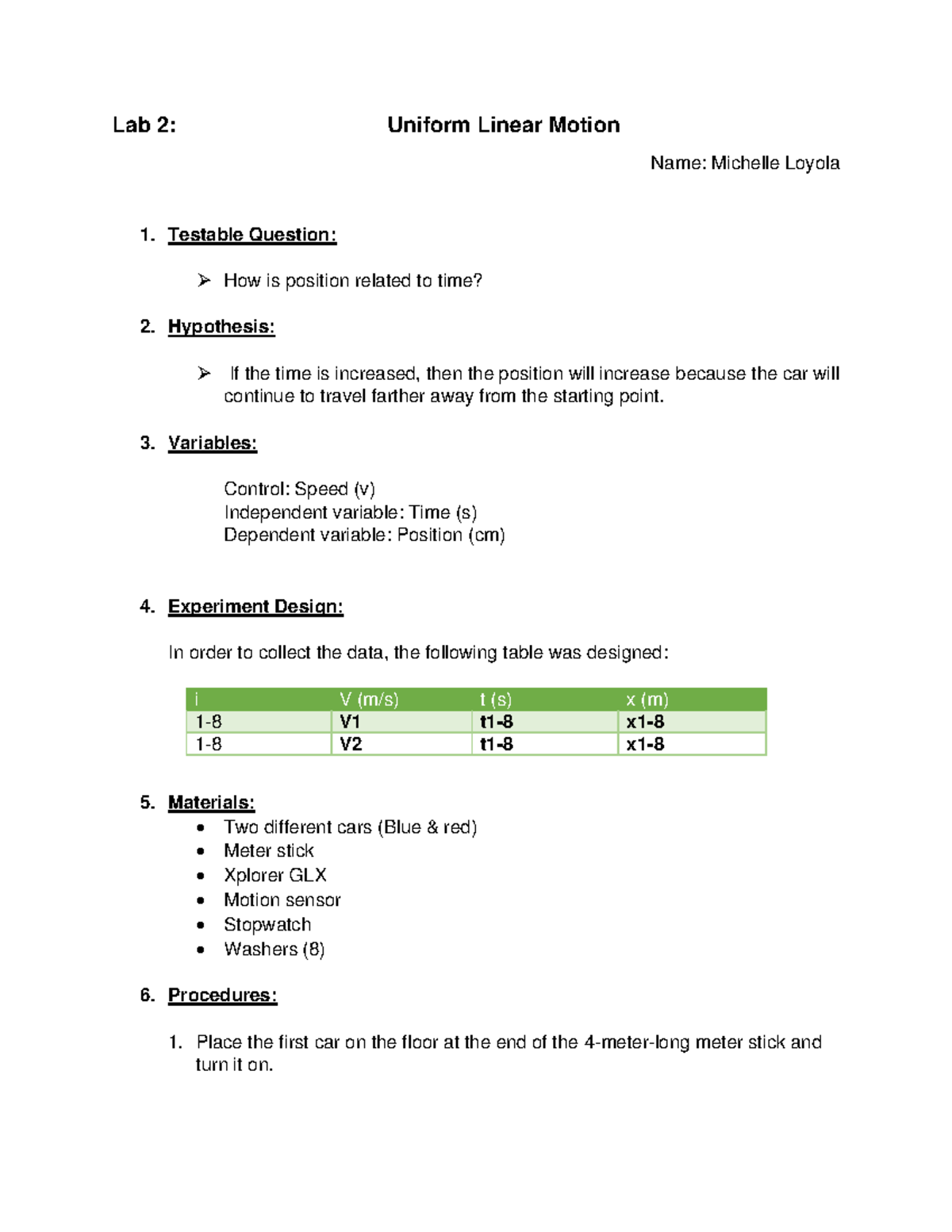 PHY-111L-Uniform Linear Motion Lab Report by Michelle Loyola - Studocu