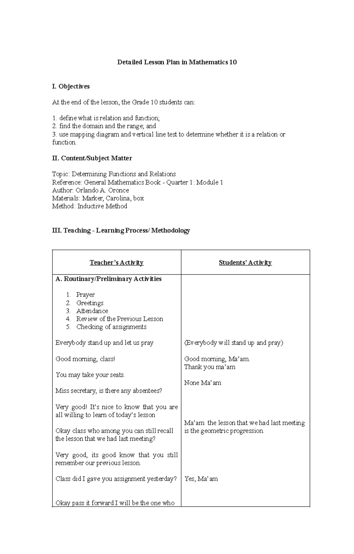 Mathematics 10: Detailed Lesson Plan on Functions & Relations - Studocu