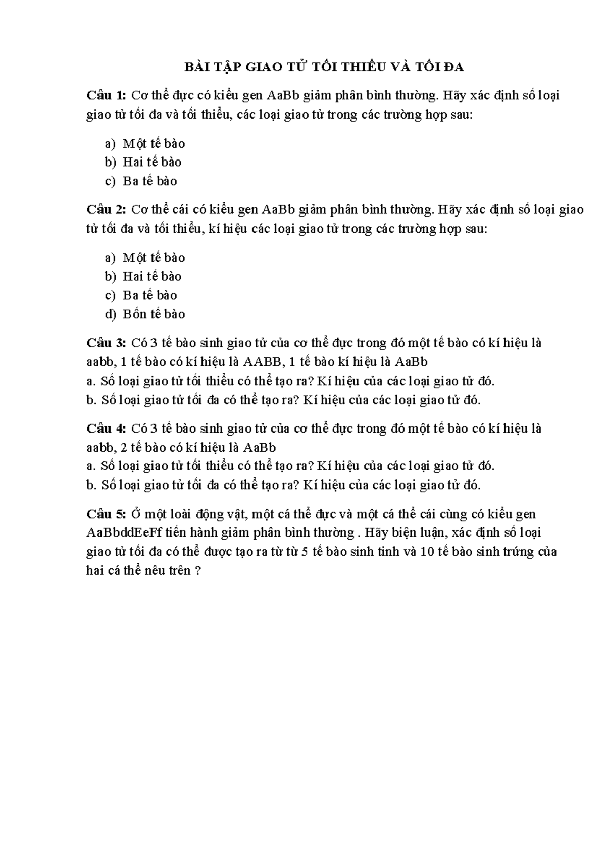 BÀI TẬP XÁC ĐỊNH SỐ LOẠI GIAO TỬ TỐI THIỂU VÀ TỐI ĐA - Document Preview