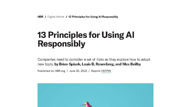 HBR Digital Article: 13 Principles for Responsible AI Use - Studocu