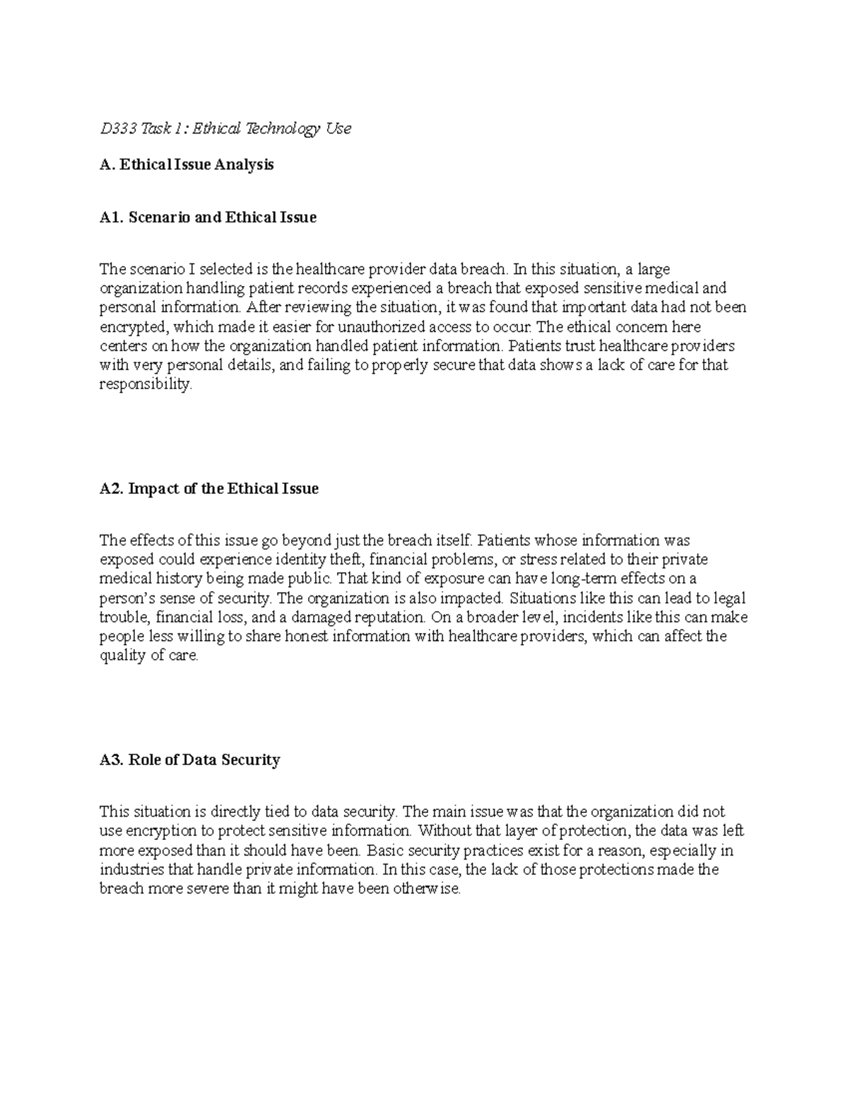 D333 Task 1: Analyzing Ethical Issues in Tech Use - Studocu