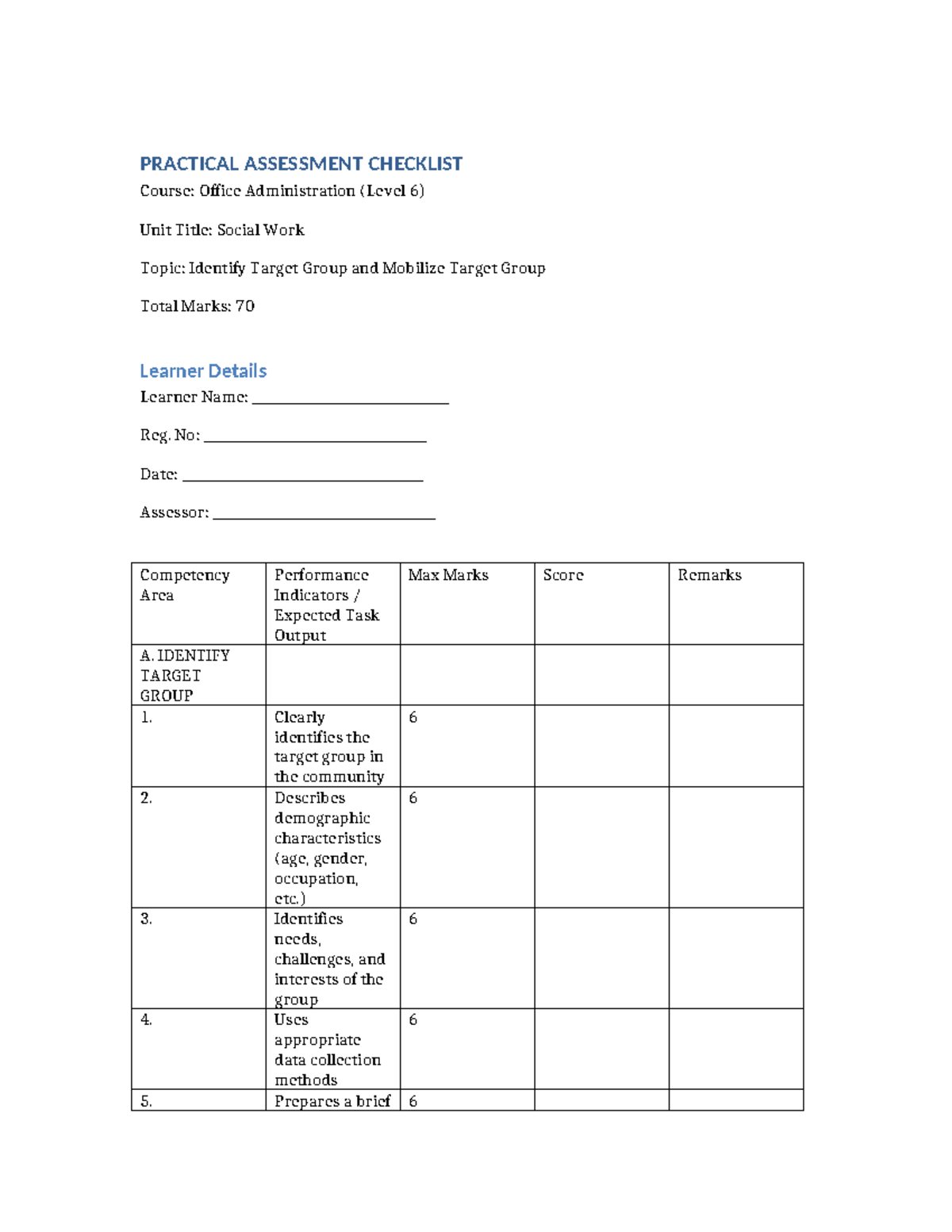 Target Group Mobilization Checklist - Office Admin Level 6 - Studocu