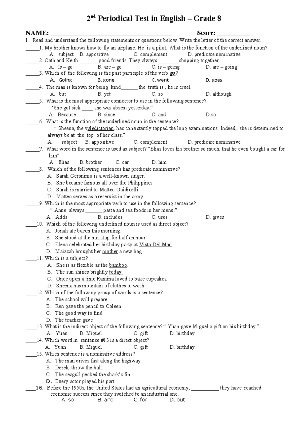 2nd Periodic Test in English - Grade 8 - Studocu