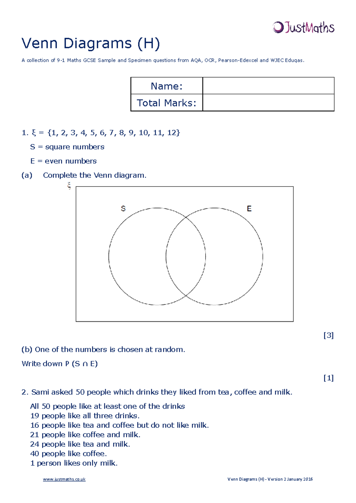 GCSE Maths 9-1: Probability & Venn Diagrams Practice Questions ...