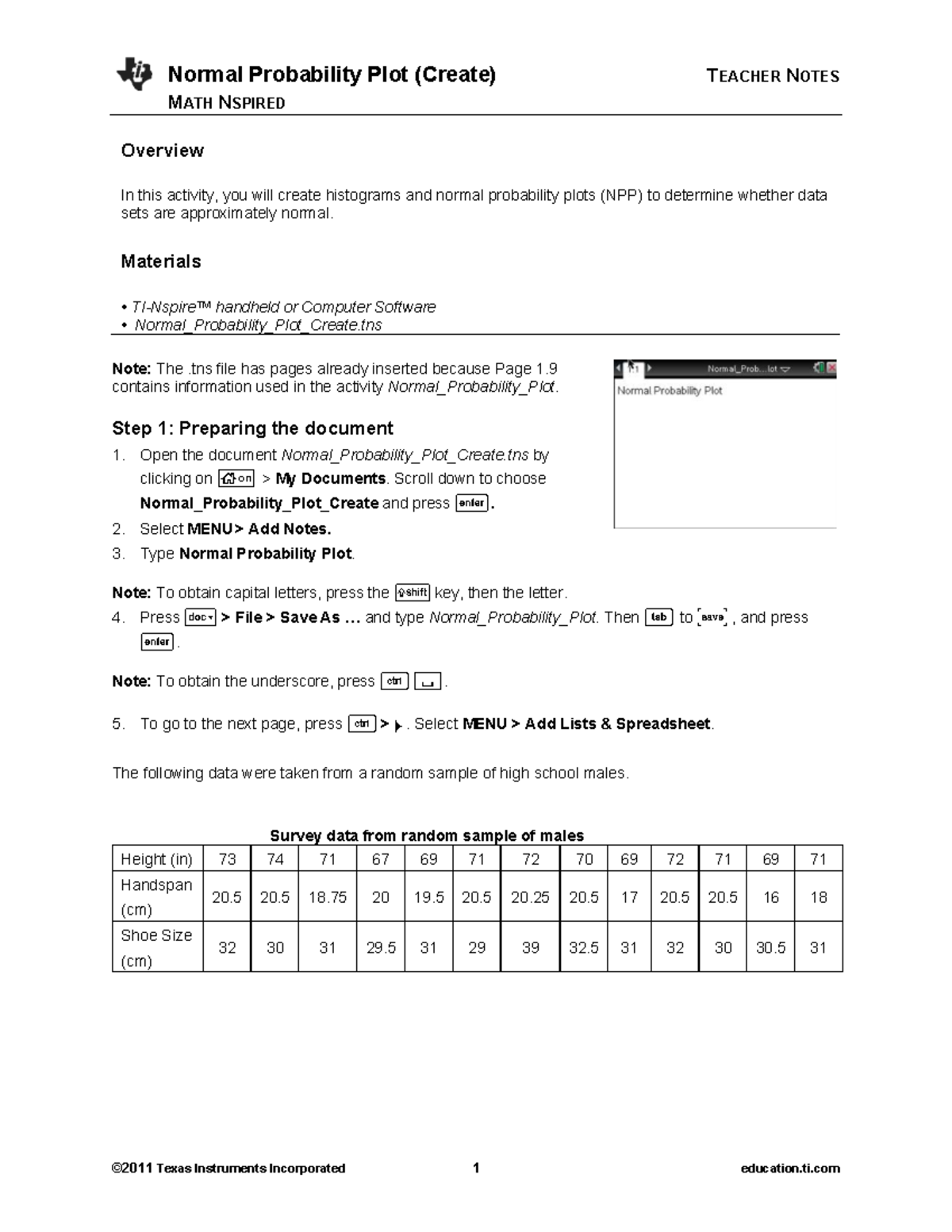 Normal Probability Plot Creation Teacher Notes MATH NSPIRED - Studocu