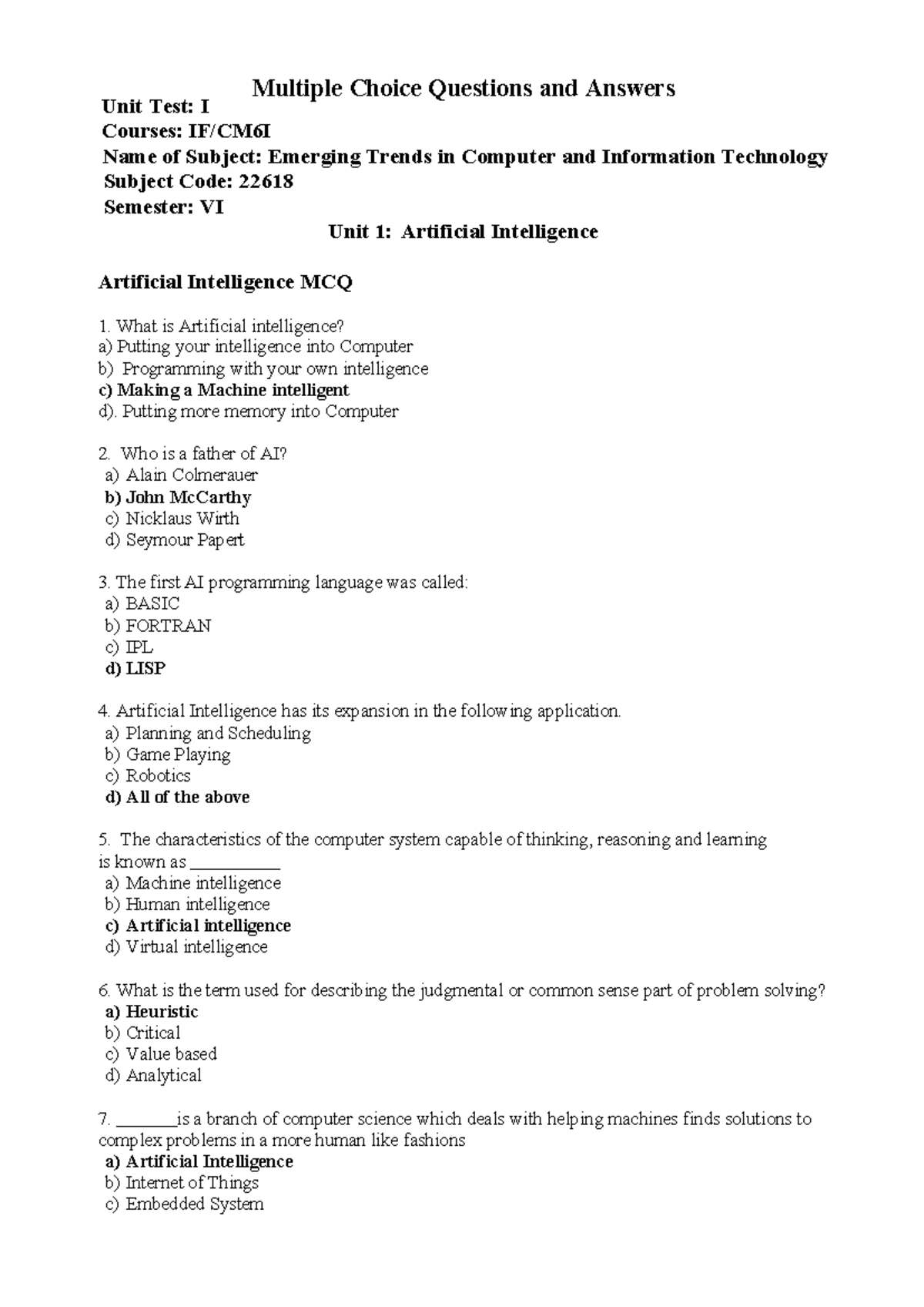 IF/CM6I Unit Test: MCQs on Emerging Trends in Computer and IT - Studocu