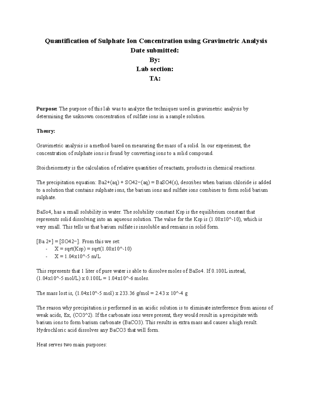 Quantification of Sulphate Ion Concentration: Gravimetric Analysis Lab ...
