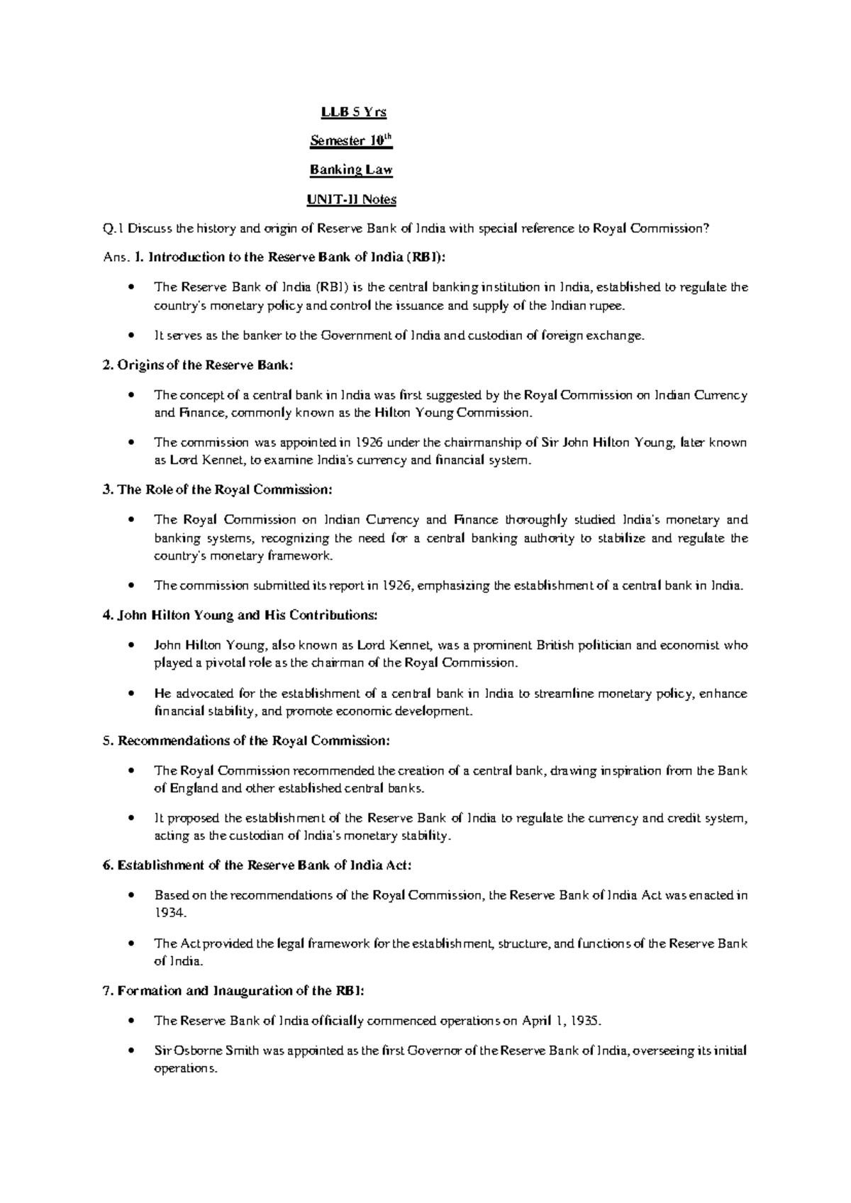 LLB 5 Yrs Sem 10 Banking Law Unit 2 Notes & Exercises on RBI History ...