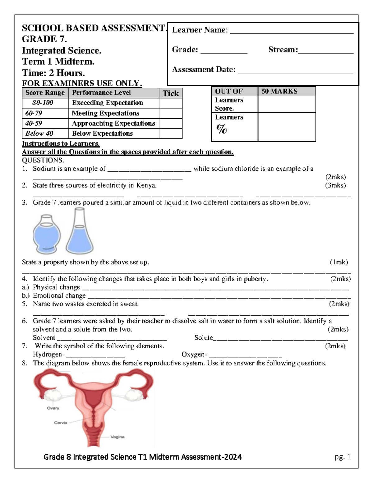 G8 T1 Integrated Science Midterm Assessment 2024 - Studocu
