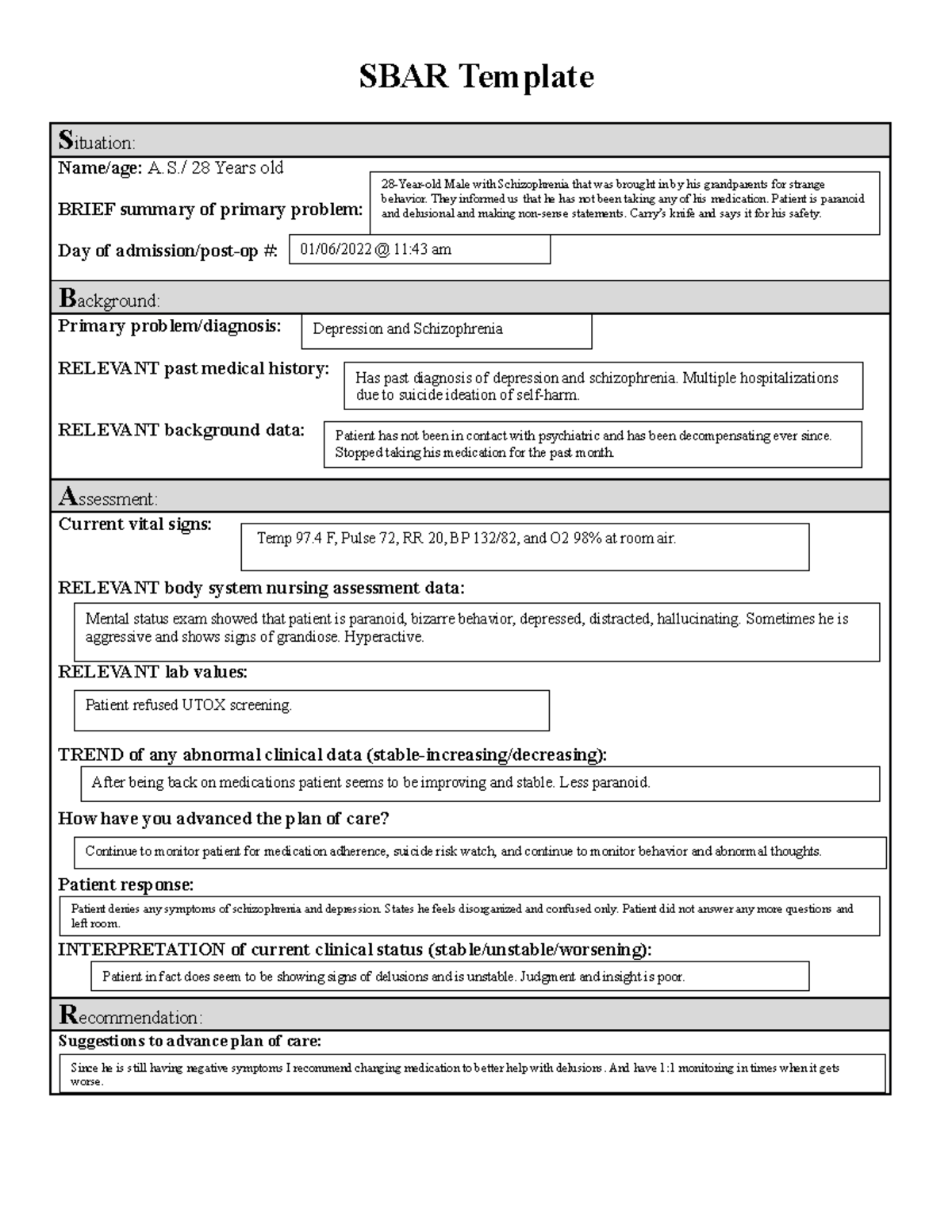 A.S- Sbar2 - Sbar - SBAR Template S ituation: Name/age: A./ 28 Years ...