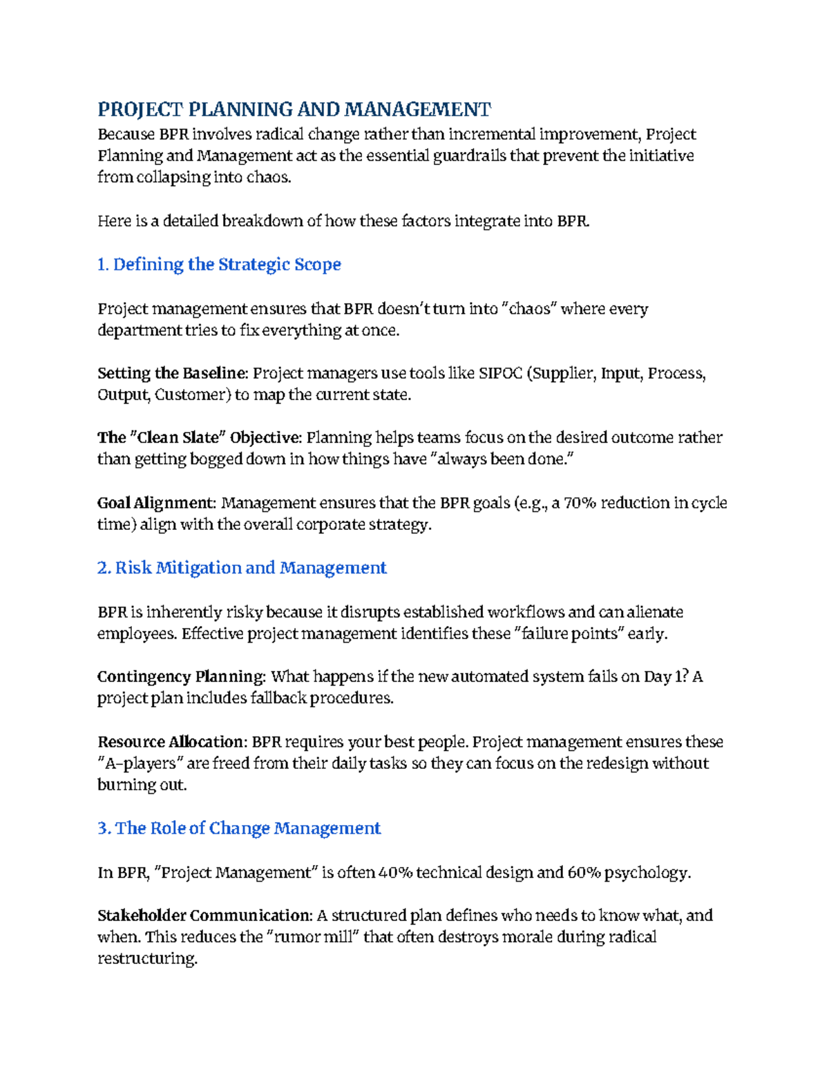 Project Planning and Management in BPR: Key Integration Factors - Studocu